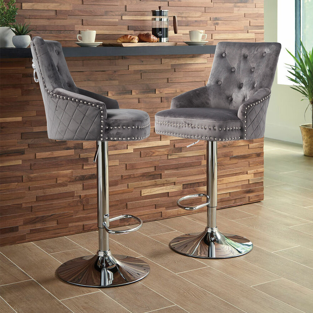 Extra Large Velvet Bar Stool Heavy Duty Adjustable Breakfast Chair w Stable Base