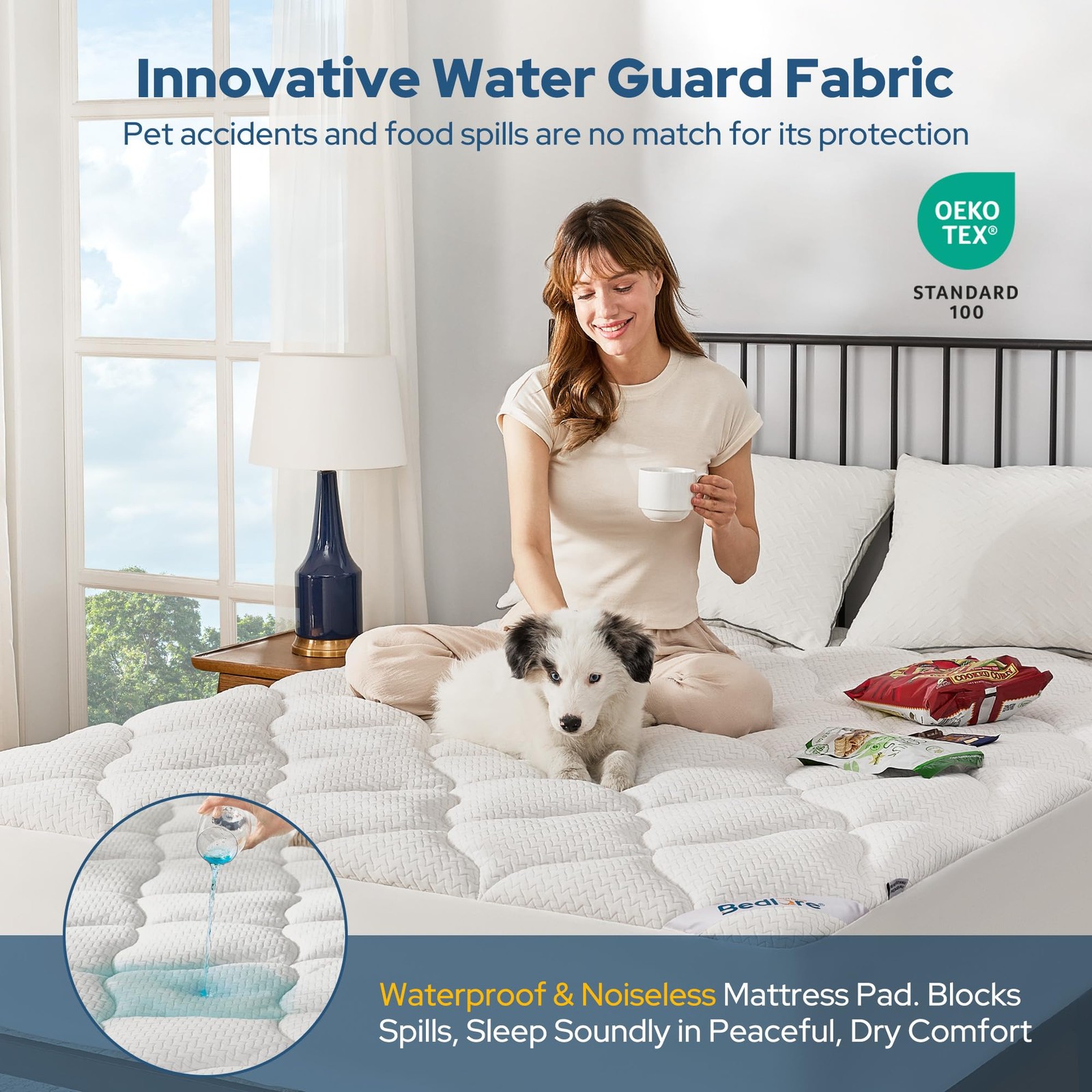 BEDLORE Waterproof Full Size Mattress Pad, Quilted Fitted Full, White