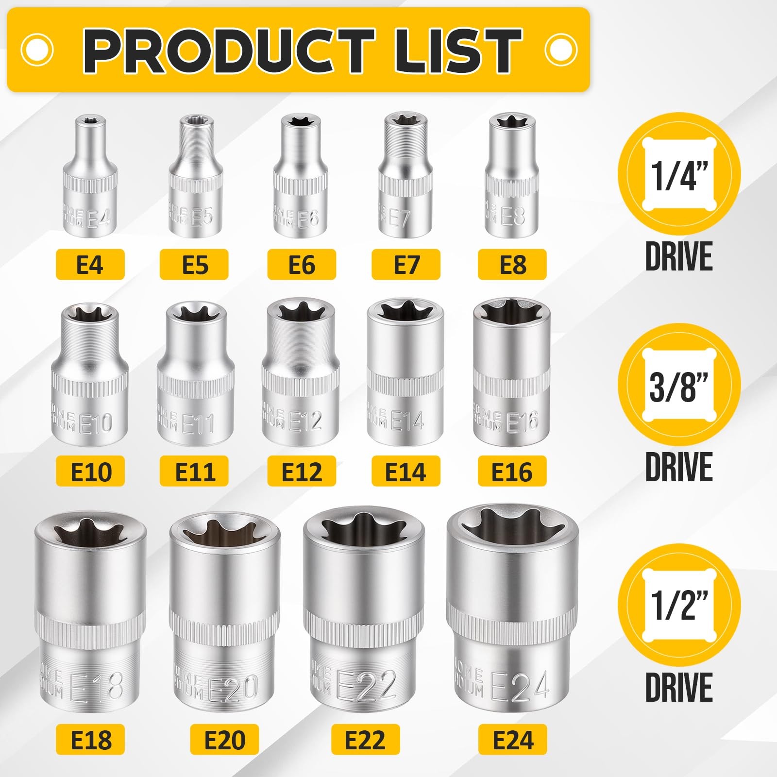 14-Piece E-Torx Socket Set, Premium External Torx Star Sockets - 1/4" 3/8" 1/...