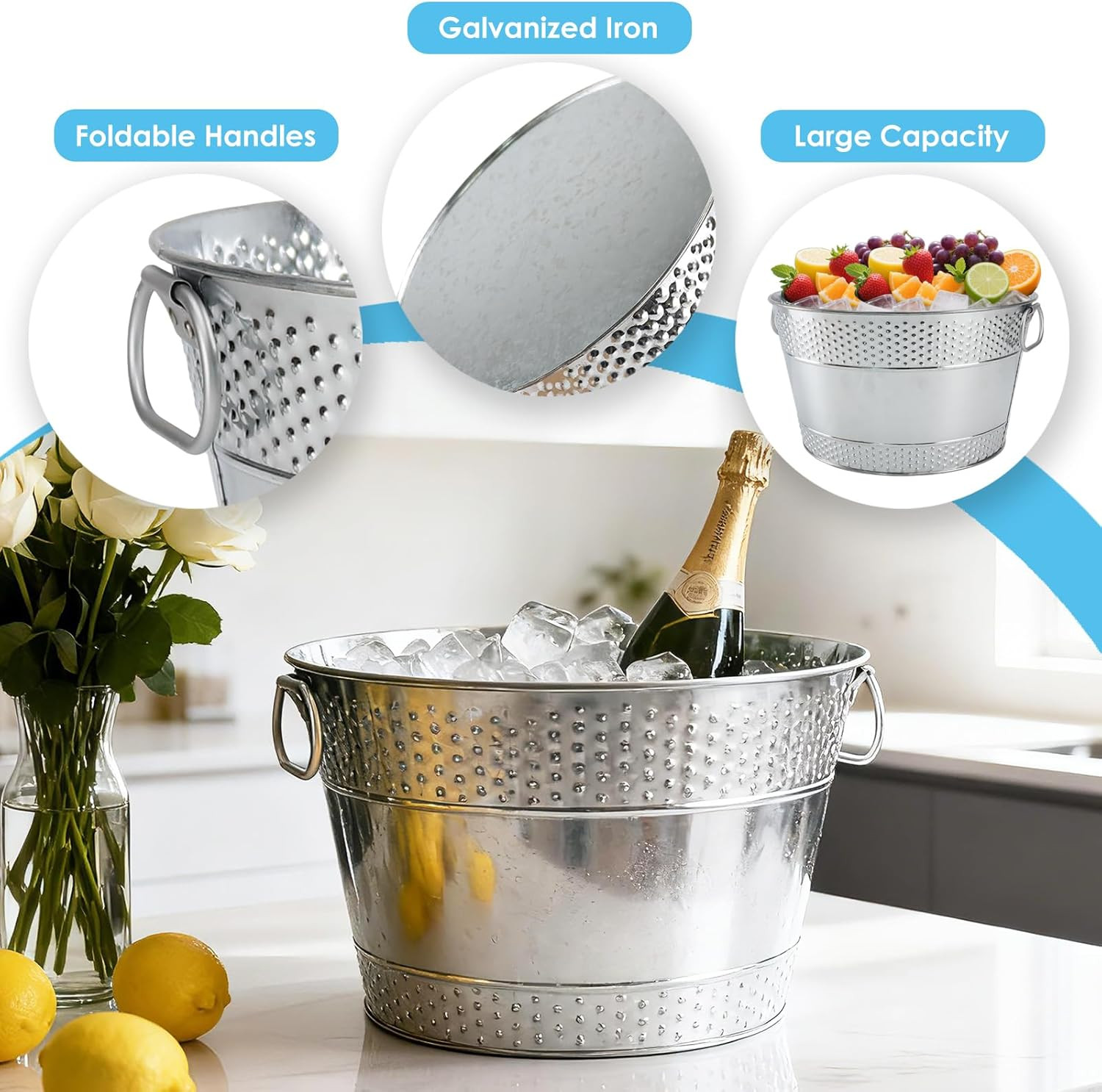 Galvanized Tub Ice Bucket for Parties, Thick Metal Galvanized Drink Buckets, Bev