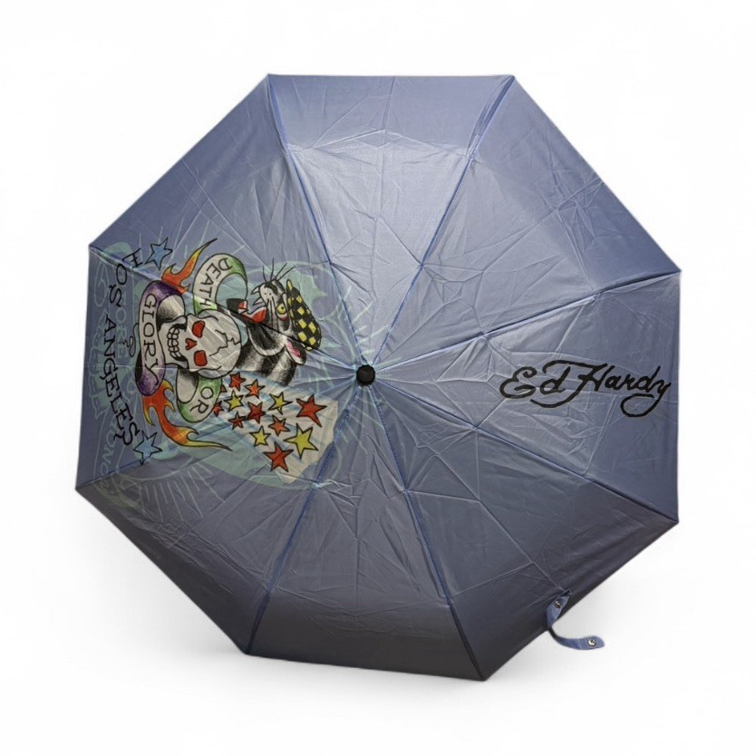 Rare Ed Hardy Death or Glory Blue Tattoo Art Umbrella with Sleeve