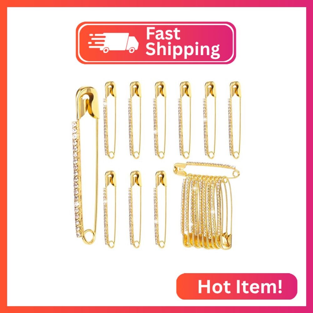 SmallCat 10pcs Rhinestone Safety Pins, Gold Plated Crystal Brooch Pins, Women Sa