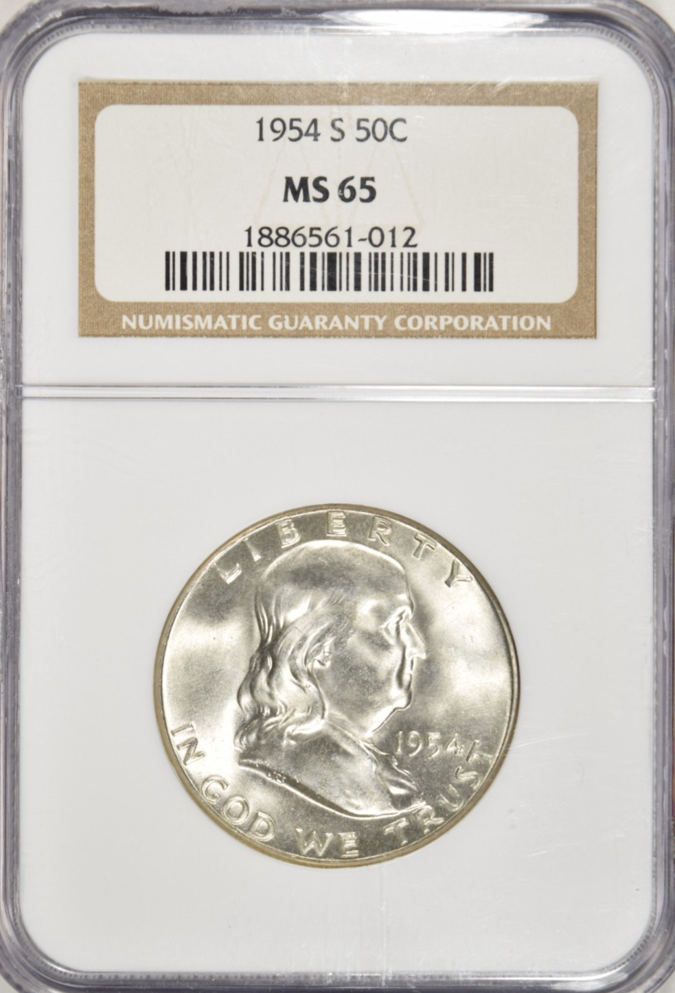 1954 S FRANKLIN HALF DOLLAR ~ NGC MS65 ~ BRIGHT WHITE!