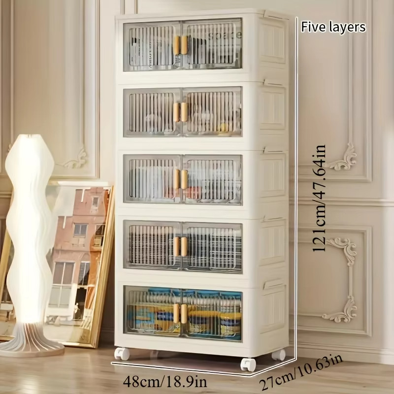 Stackable Storage Cabinet with Doors and Wheels Plastic Organizer Shelf