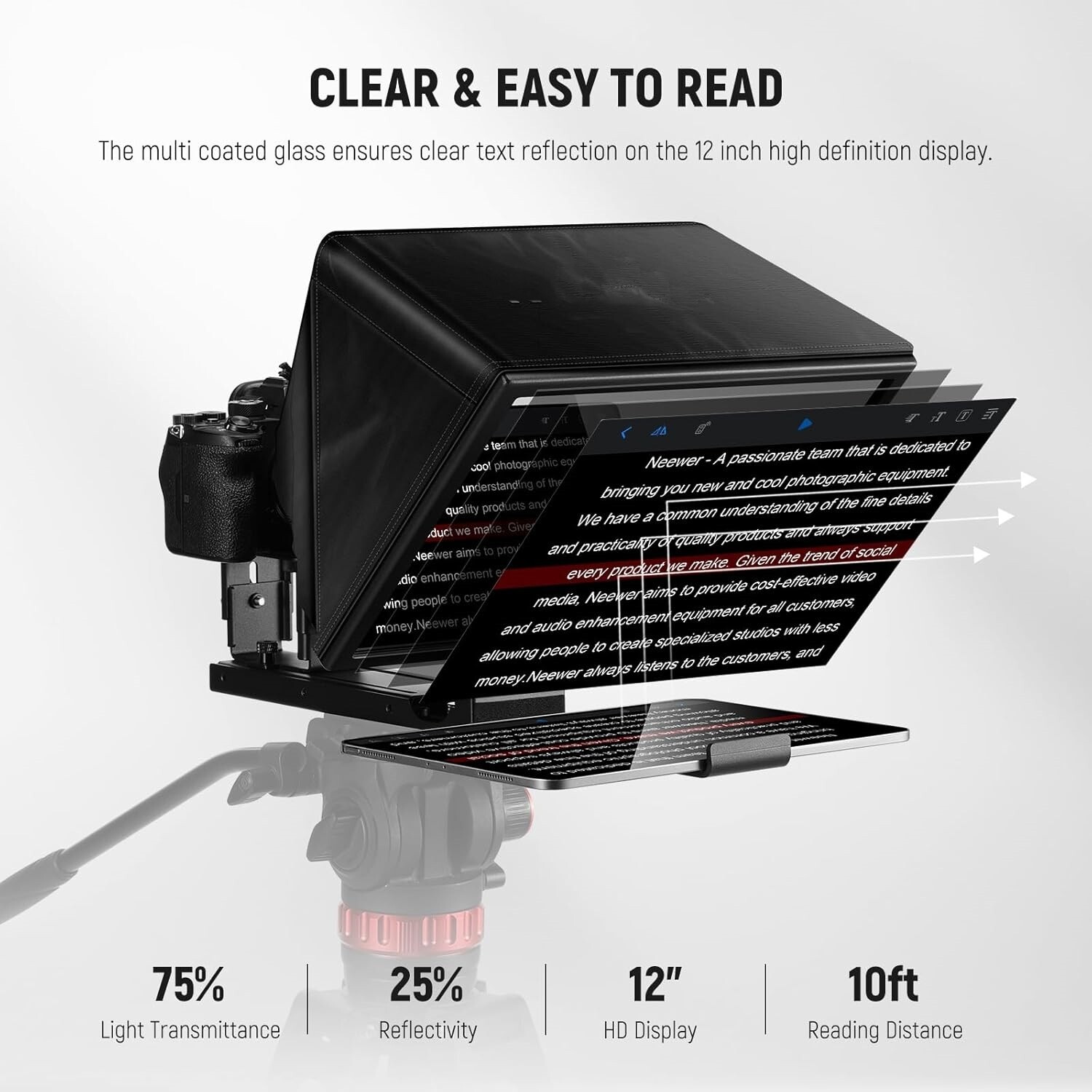 Teleprompter elevable de aleación de aluminio Basics X12B de 12" para iPad