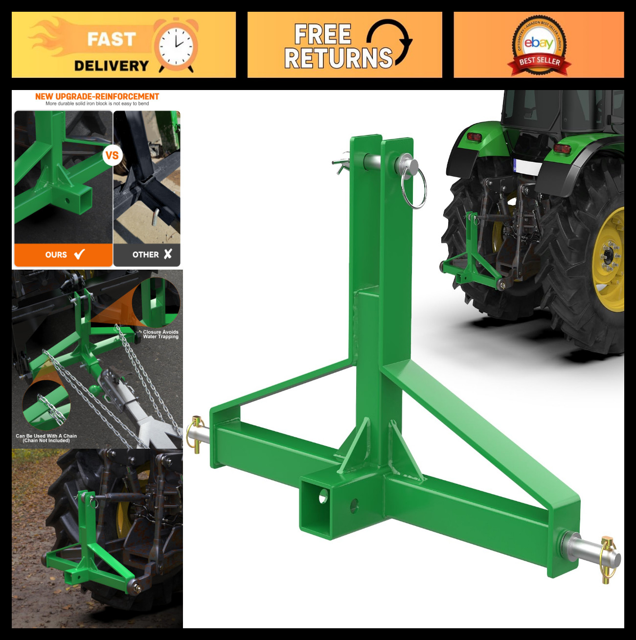 3 Point Hitch Receiver Quick Hitch, 2" Trailer Towing Hitch for Category 1 Tract