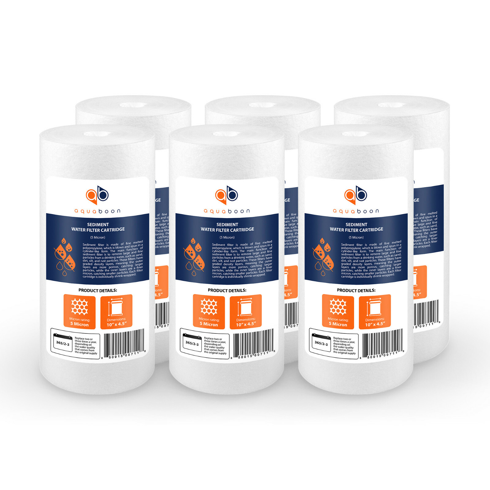 6-PACK of Aquaboon Sediment Water Filter Whole House Big Blue 5 Micron 10"x4.5"
