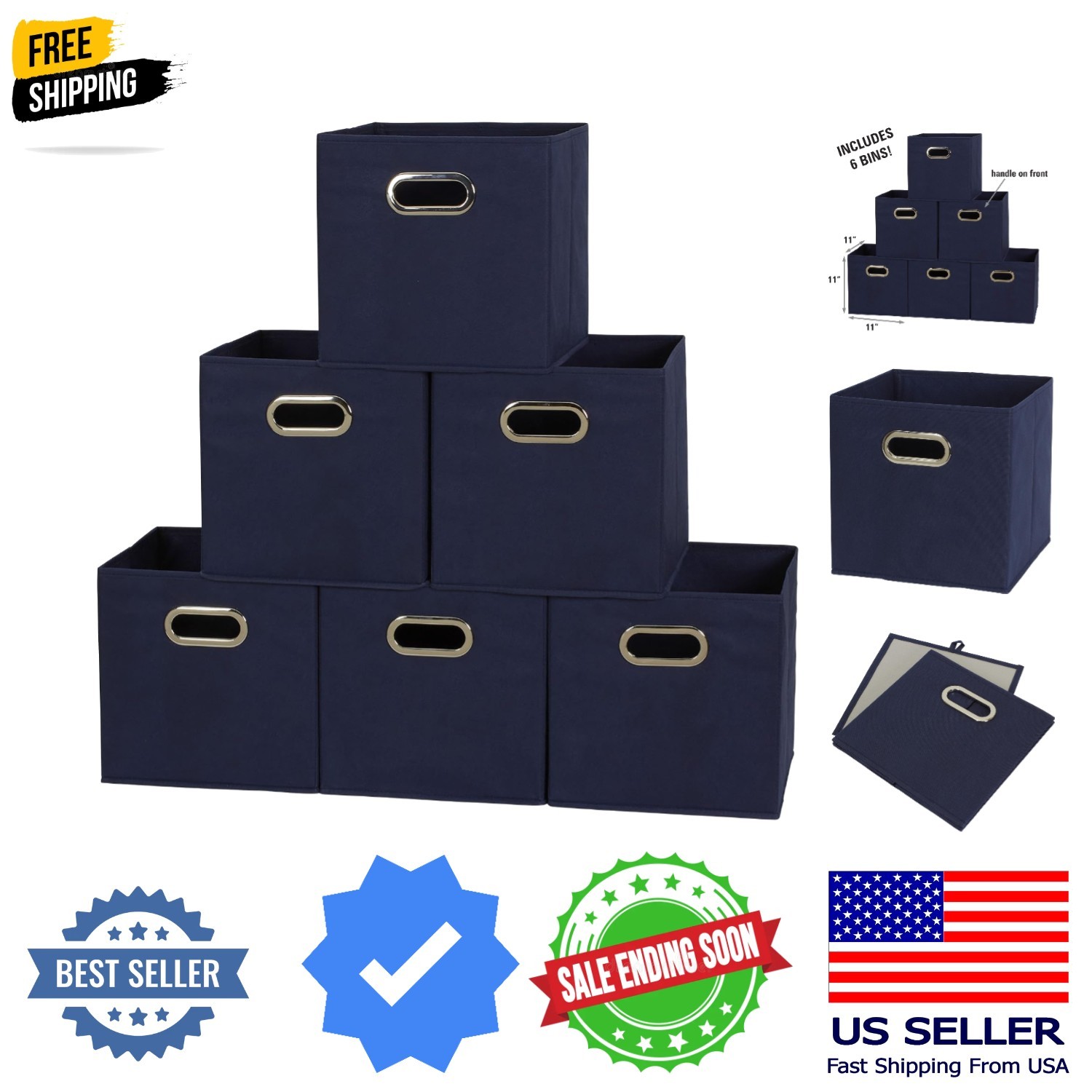 Fabric Storage Bins 6 Piece Set, Strong Poly-Woven Fabric, Sturdy Chipboard S...