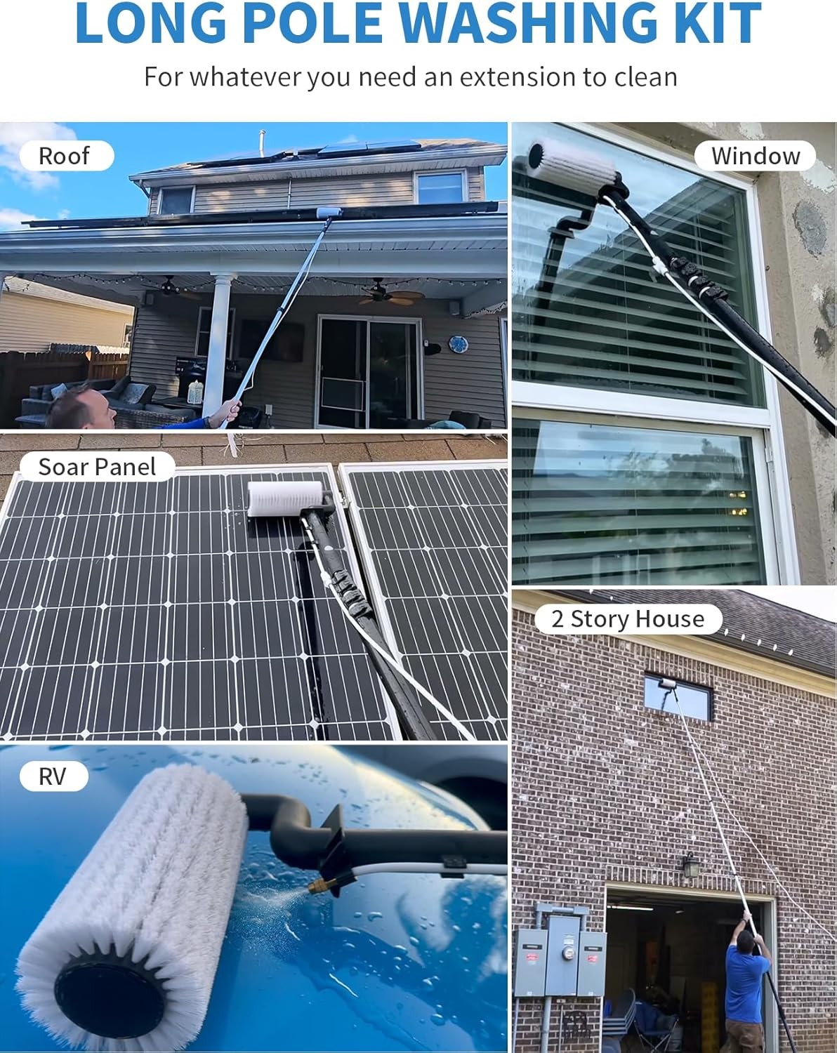 Electric Solar Panel Cleaning Brush and Pole Kit, 20Ft Extendable Washing Kit wi