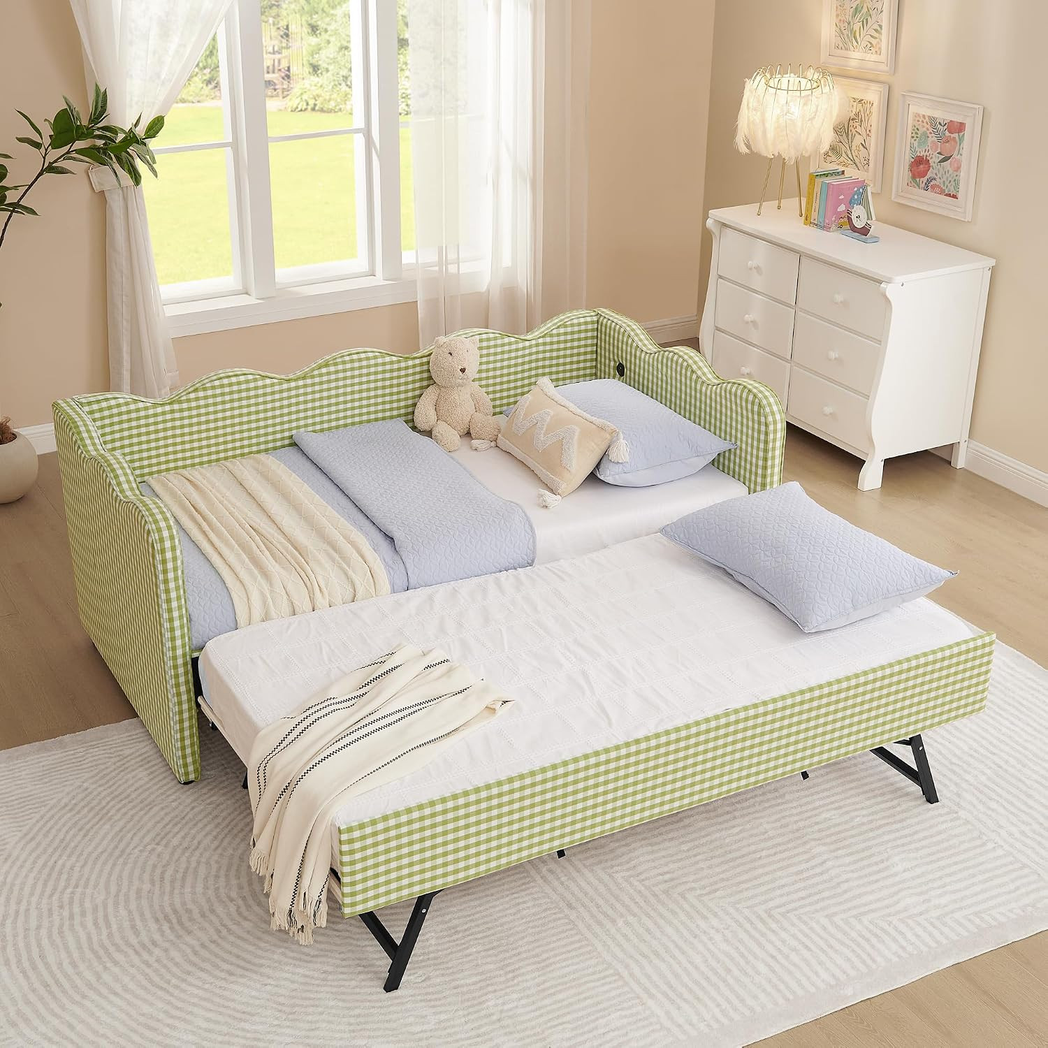 Twin Size Upholstery Daybed with Trundle and USB, Twin to King Design Adorable W