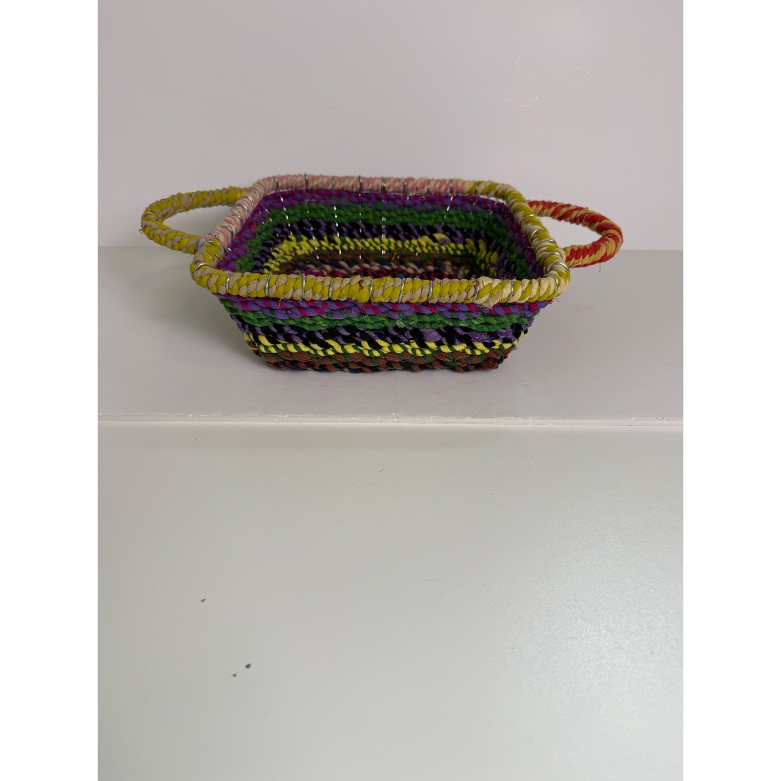 Handmade Multi Color Woven Fabric Wire Square Basket with Handles Boho Folk Art