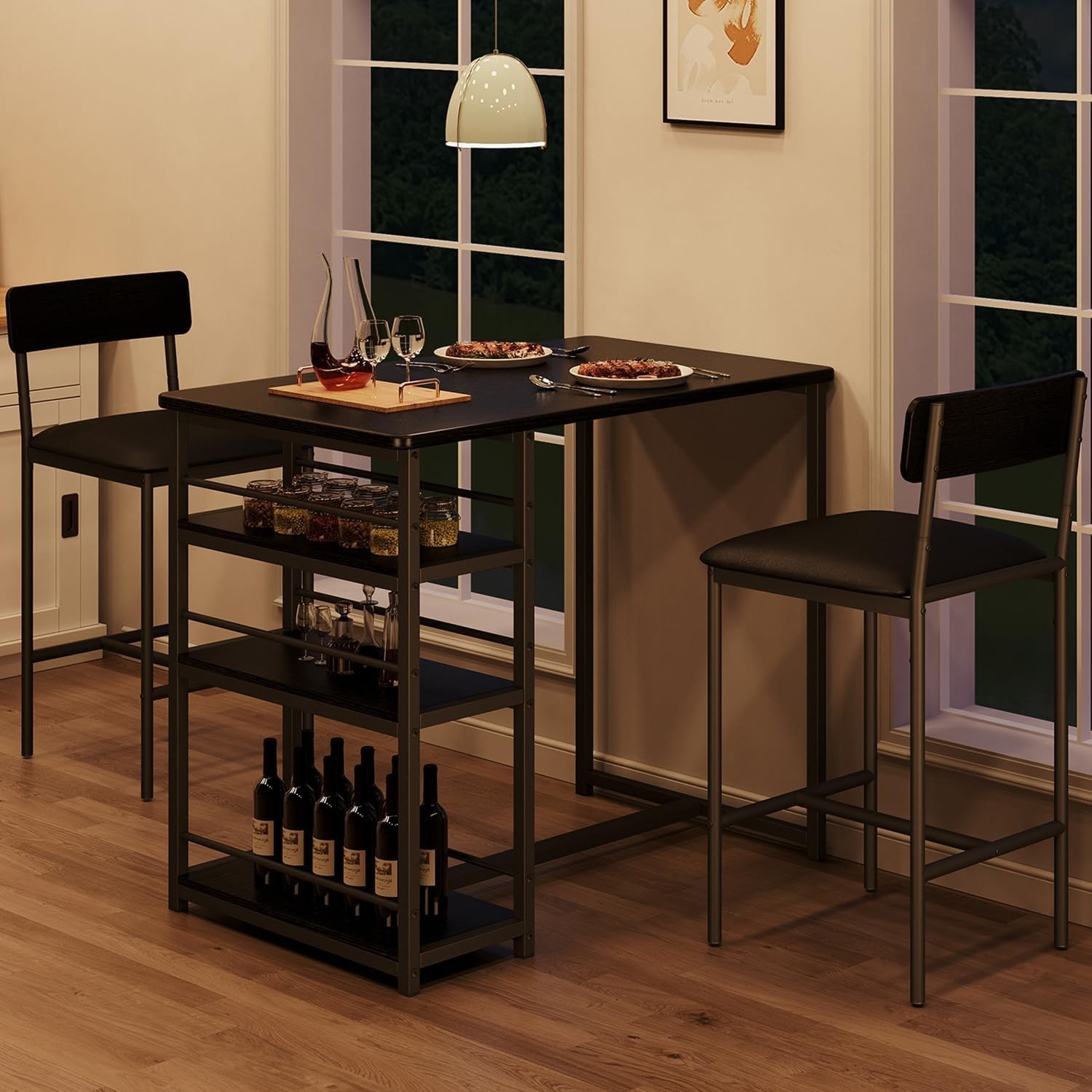 Dining Table Set 2 Counter Height Kitchen Table W/ 2 Upholstered Bar Stools