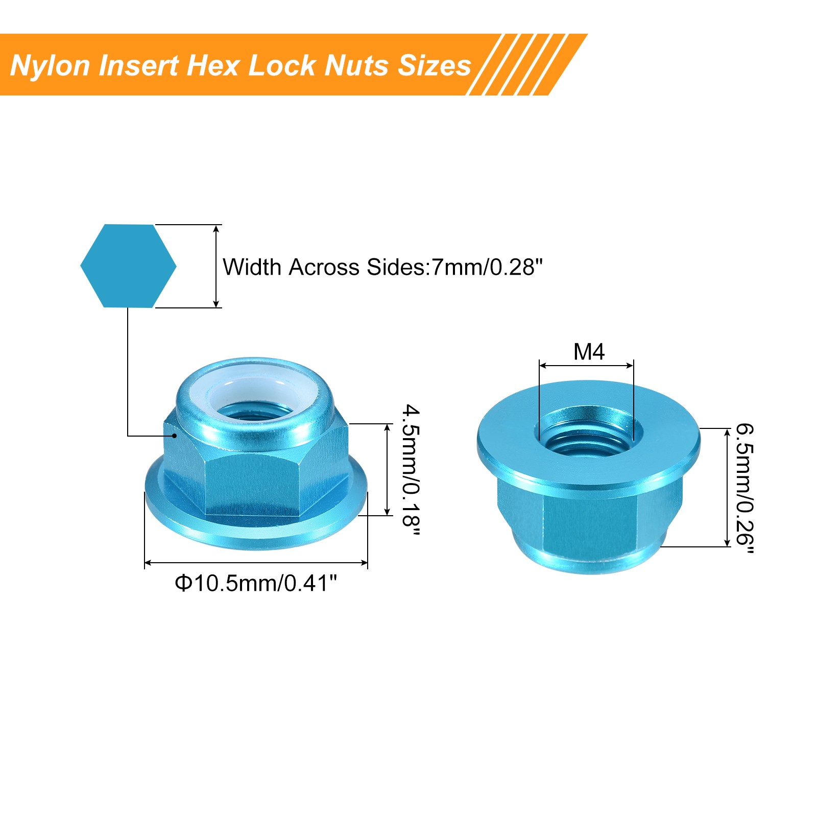 Nylon Insert Hex Lock Nuts, 4pcs - M4x0.7mm Self-Locking Nut(Sky Blue)