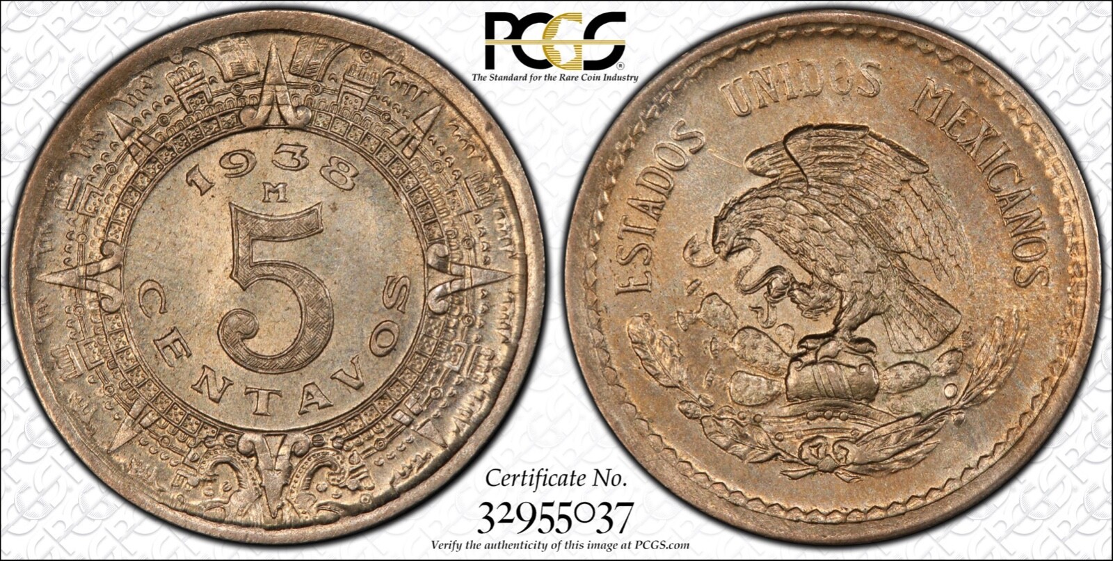 MEXICO ESTADOS UNIDOS 1938 5 CENTAVOS COIN CERTIFIED UNCIRCULATED PCGS MS-64