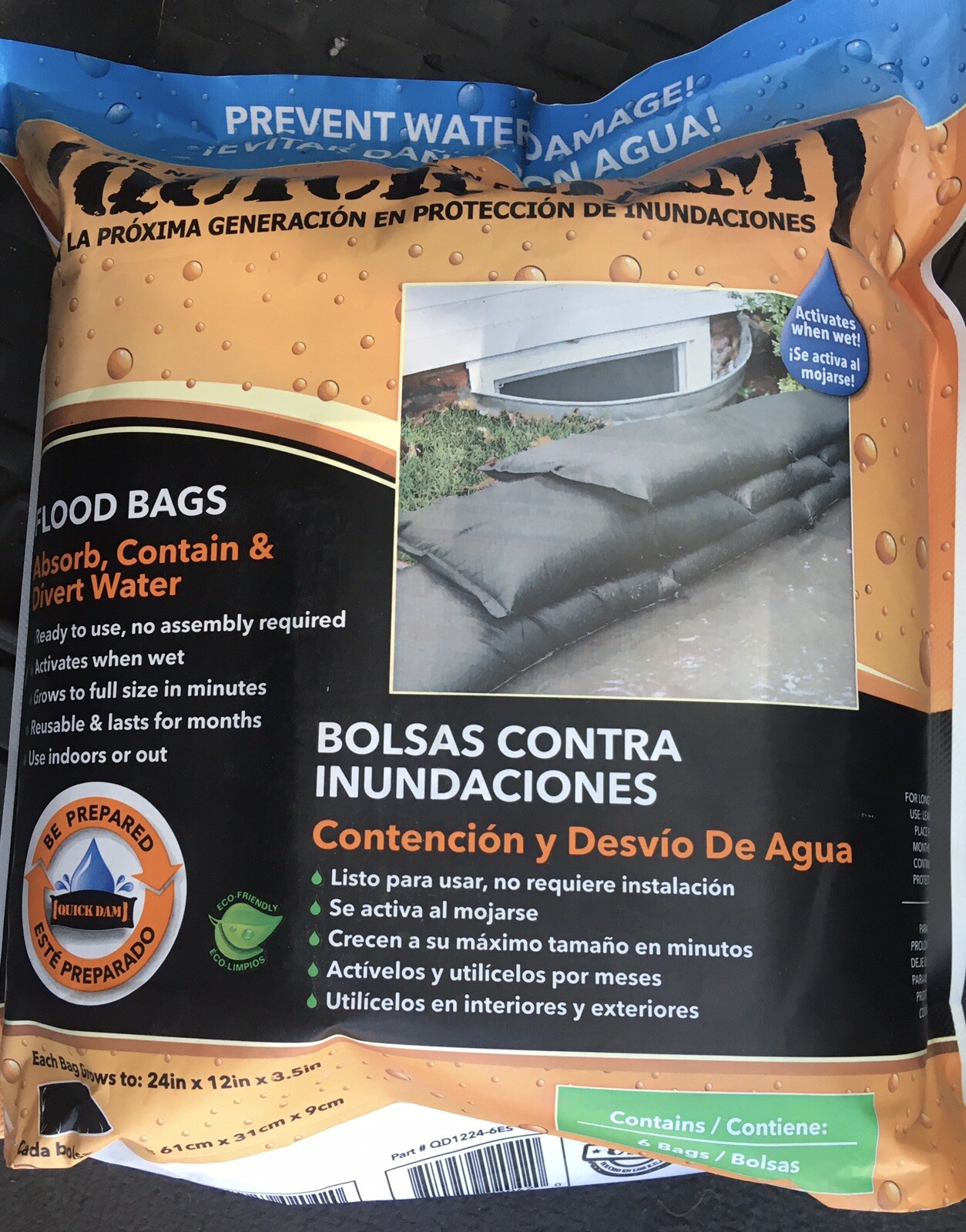QUICK DAM FLOOD BAGS READY TO USE 6 BAGS GROWS TO 24" X 12" X 3.5"