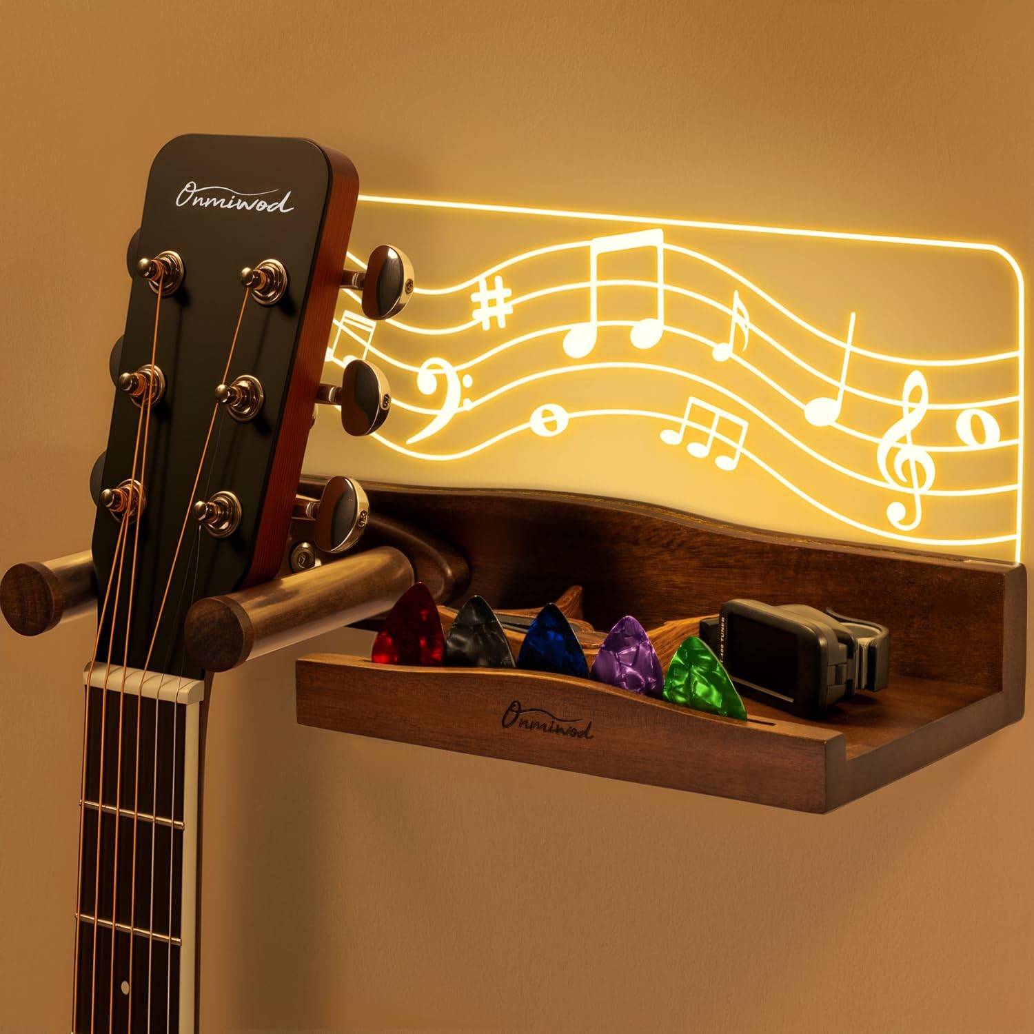Guitar Wall Mount with LED Lights, Light up Guitar Wall Hangers with Shelf an...