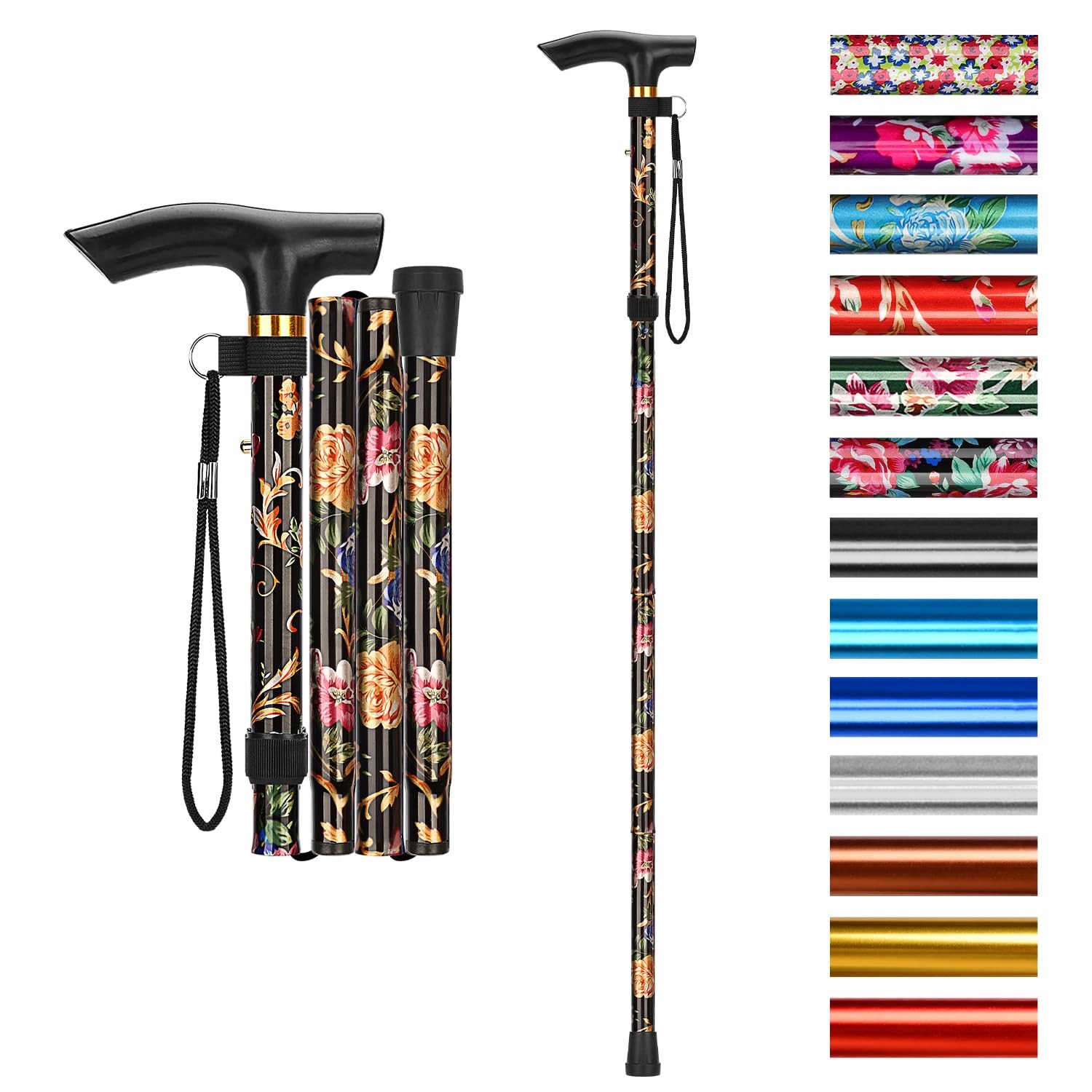 supregear Folding Cane, 5-Level Adjustable Height Walking Stick Black Floral