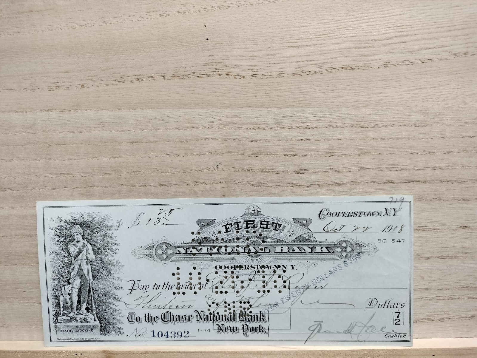 1918 First National Bank Cooperstown NY Canceled Check #104392  $13.25