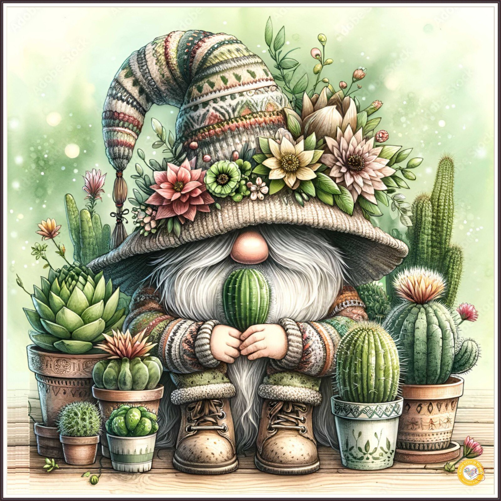 Succulent Gnome 1461 Chart Counted Cross Stitch Pattern Needlework