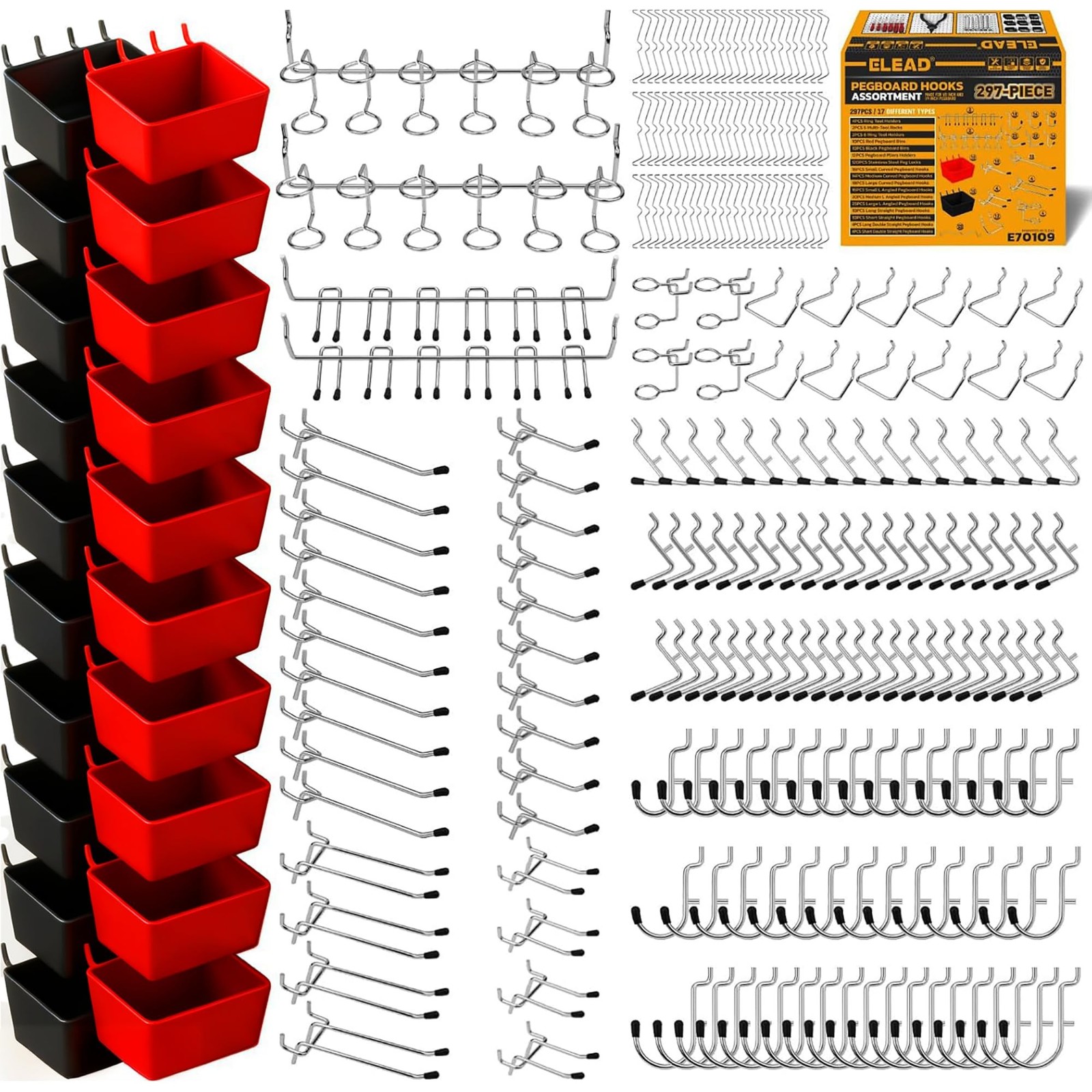 ELEAD 297 Piece Pegboard Hooks Kit, Peg Board Organizer Accessories with Bins...