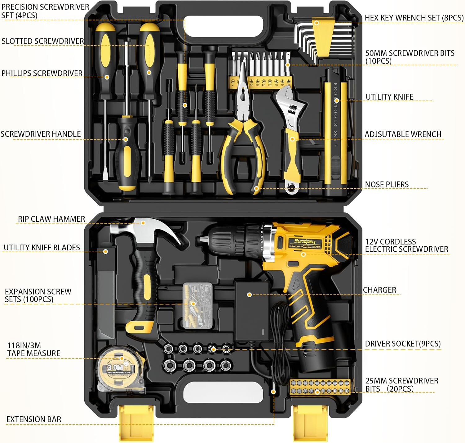 166-PC Small Basic Home Tool Kit Set with 12V Cordless Drill & Case | Portable T