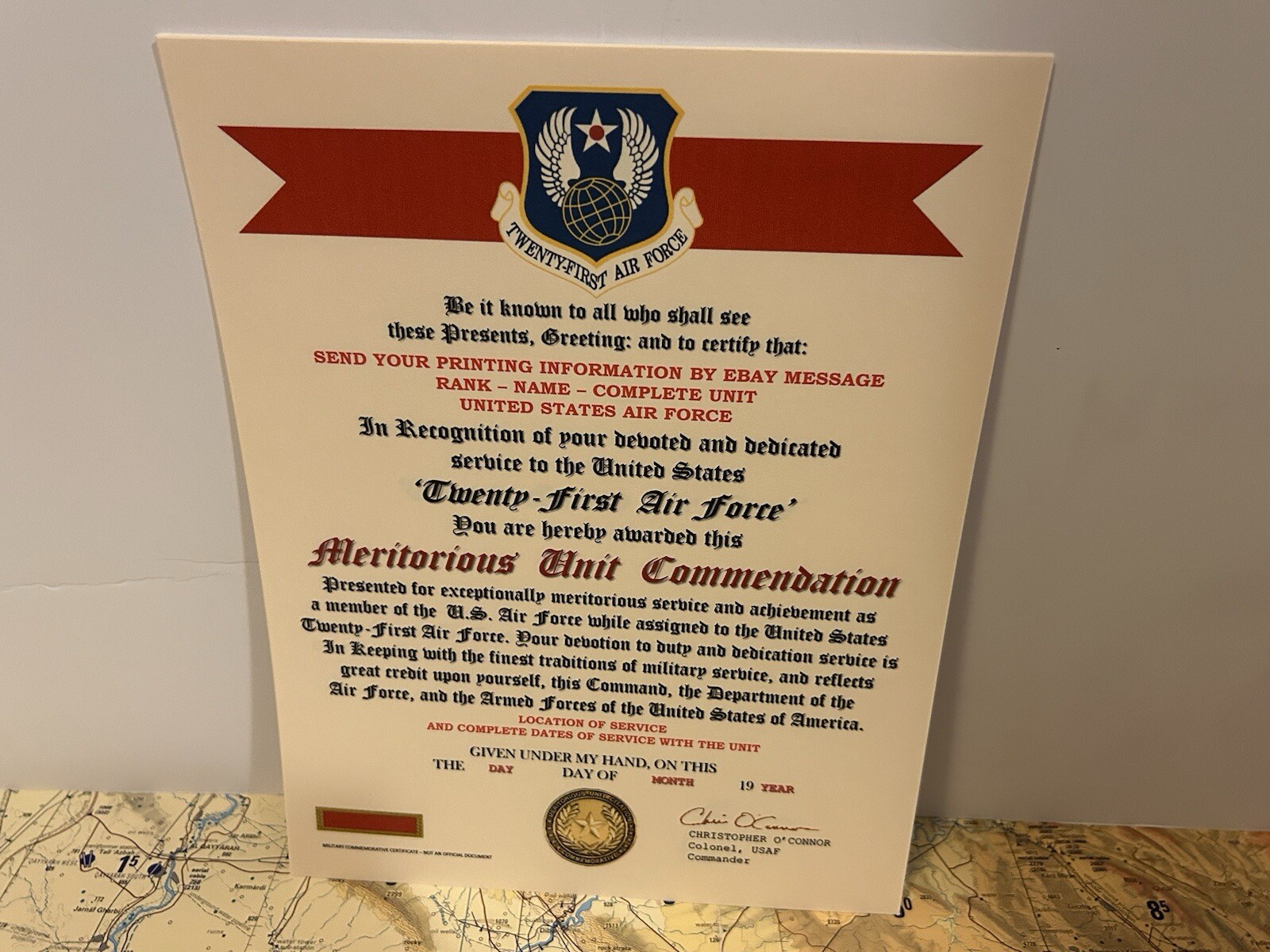U.S. AIR FORCE / 21ST AIR FORCE - MERITORIOUS UNIT COMMENDATION CERTIFICATE