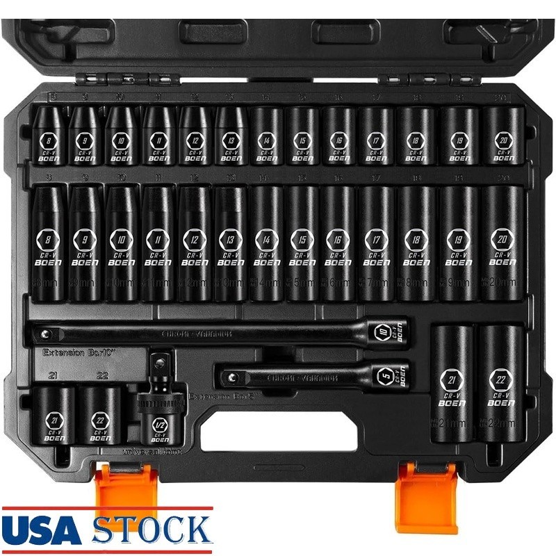 1/2 Inch Socket Set 33 Piece CR-V Steel Deep Shallow Tools Impact Sockets New