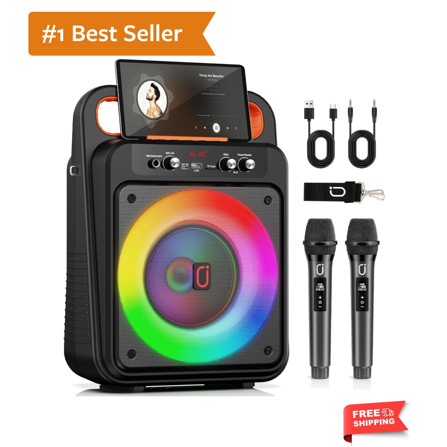 Karaoke Machine with 2 Wireless Microphones, Portable Bluetooth Karaoke Speak...