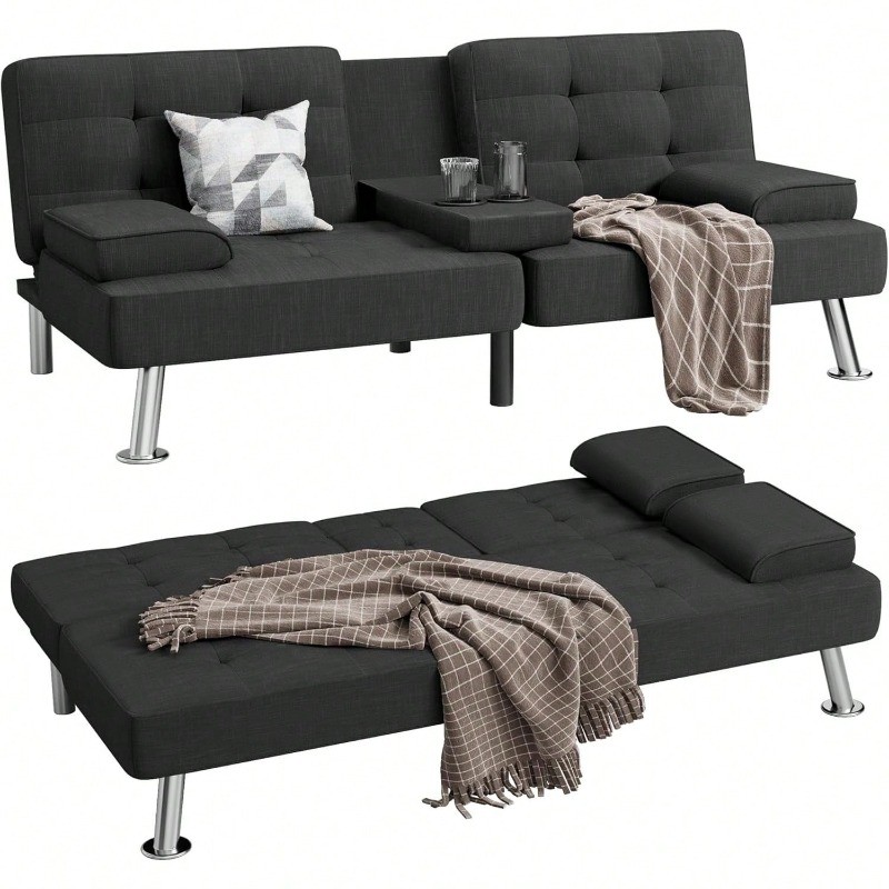 Modern Linen Upholstered Convertible Folding Futon Sofa Bed Removable Armrests