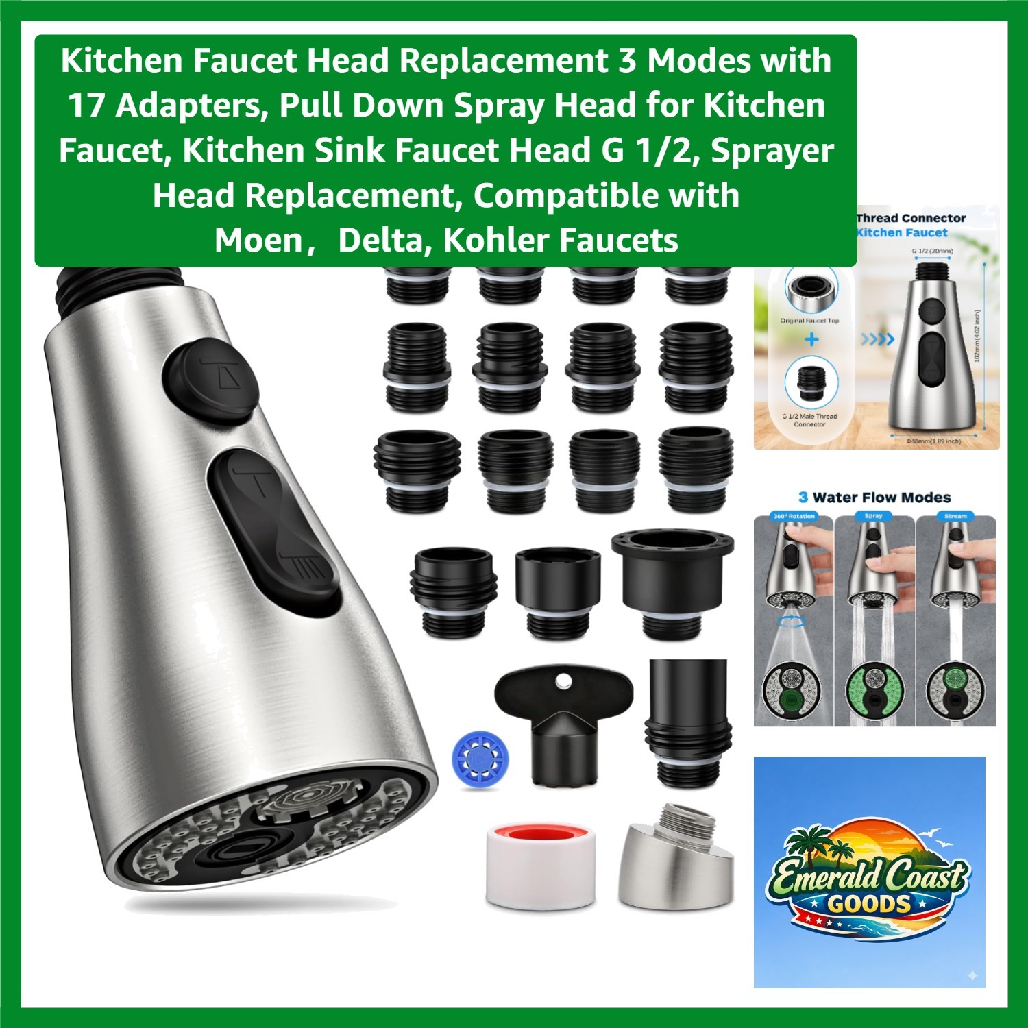 Kitchen Faucet Head Replacement 3 Modes with 17 Adapters, Pull Down Spray Hea...