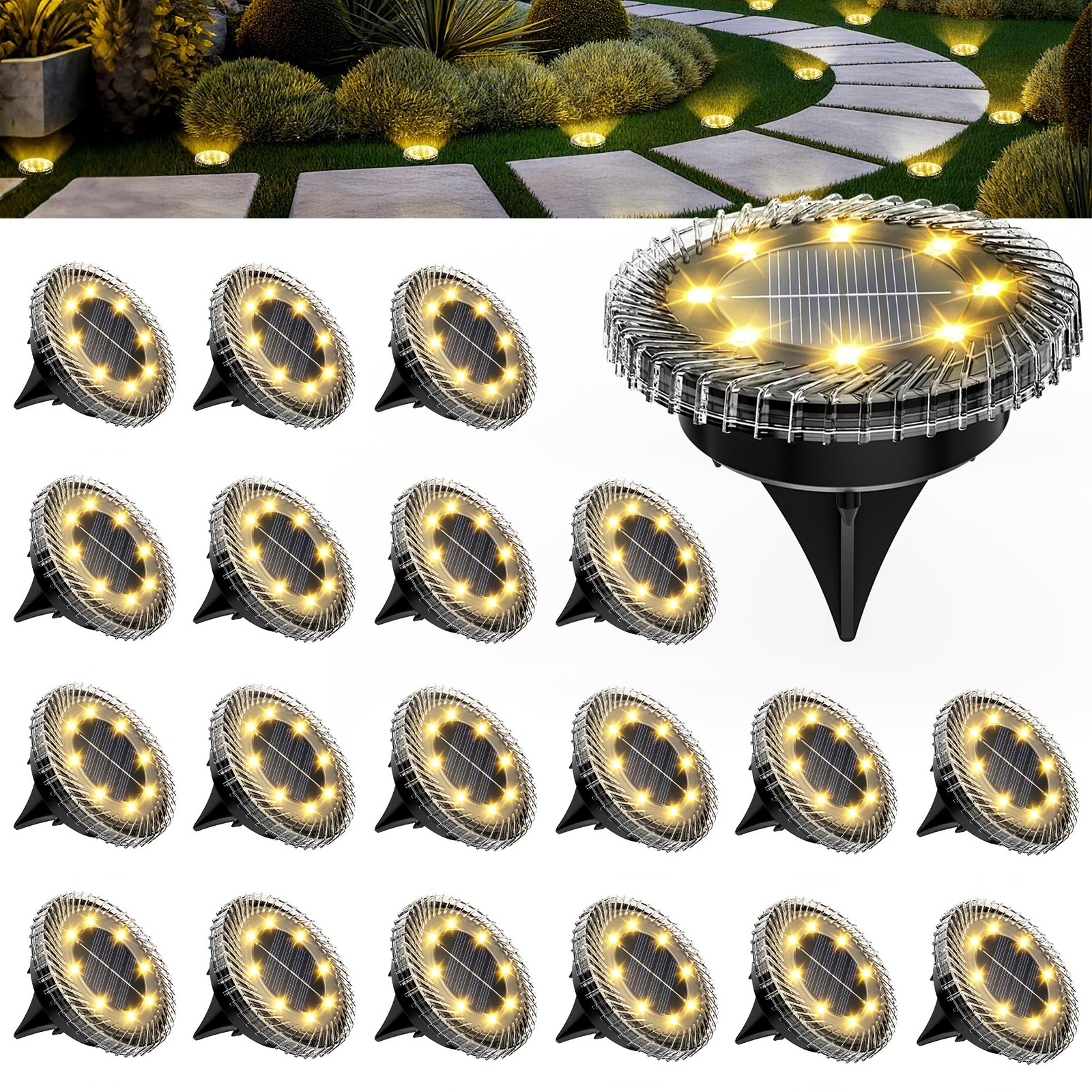 PATIOWIN 20 Pack Small Solar Ground Lights, Pathway 20 Pack, Warm White