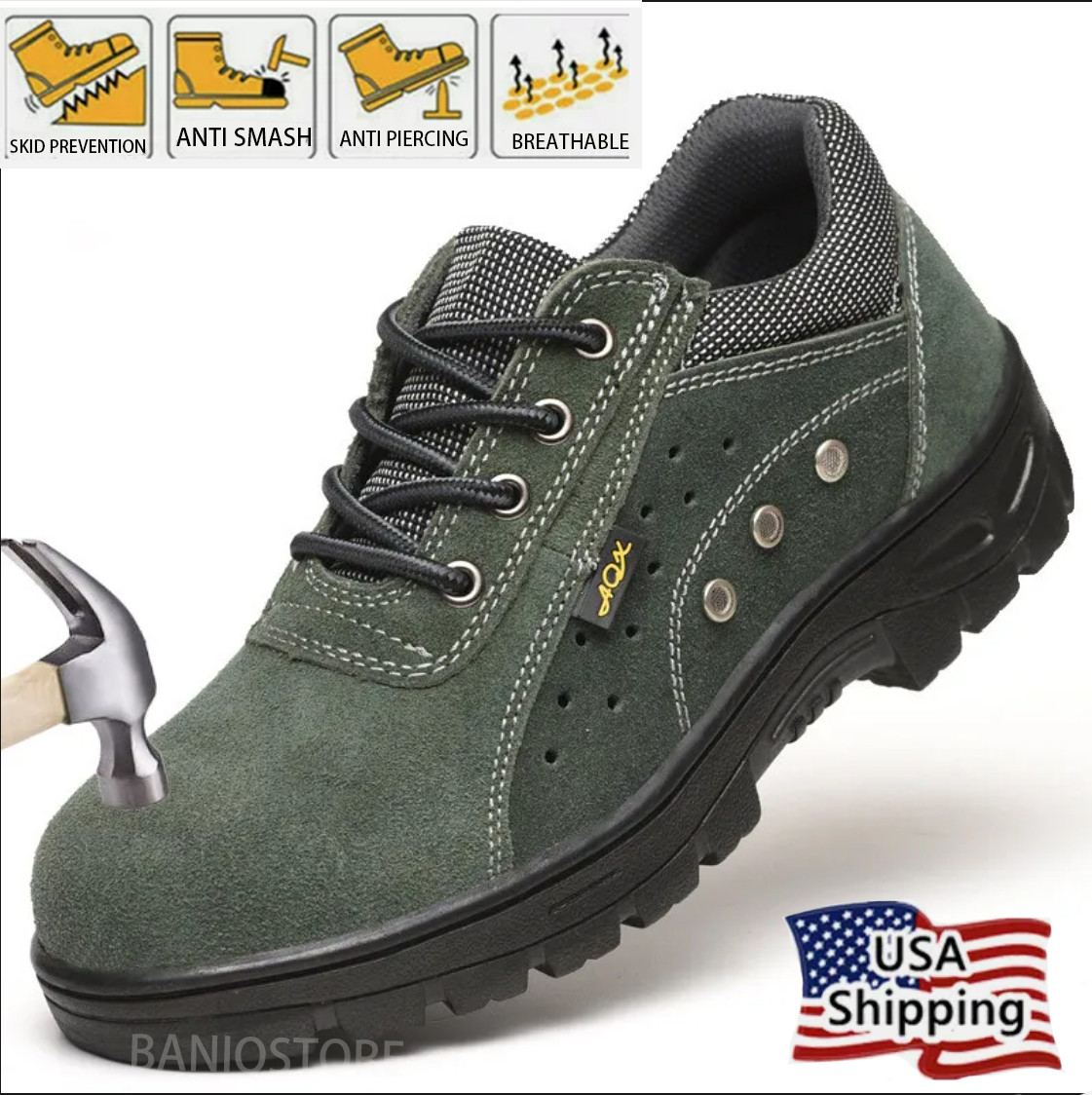 Mens Green Work Boots Breathable Safety Shoes Steel Toe Cap Slip Resistant Size