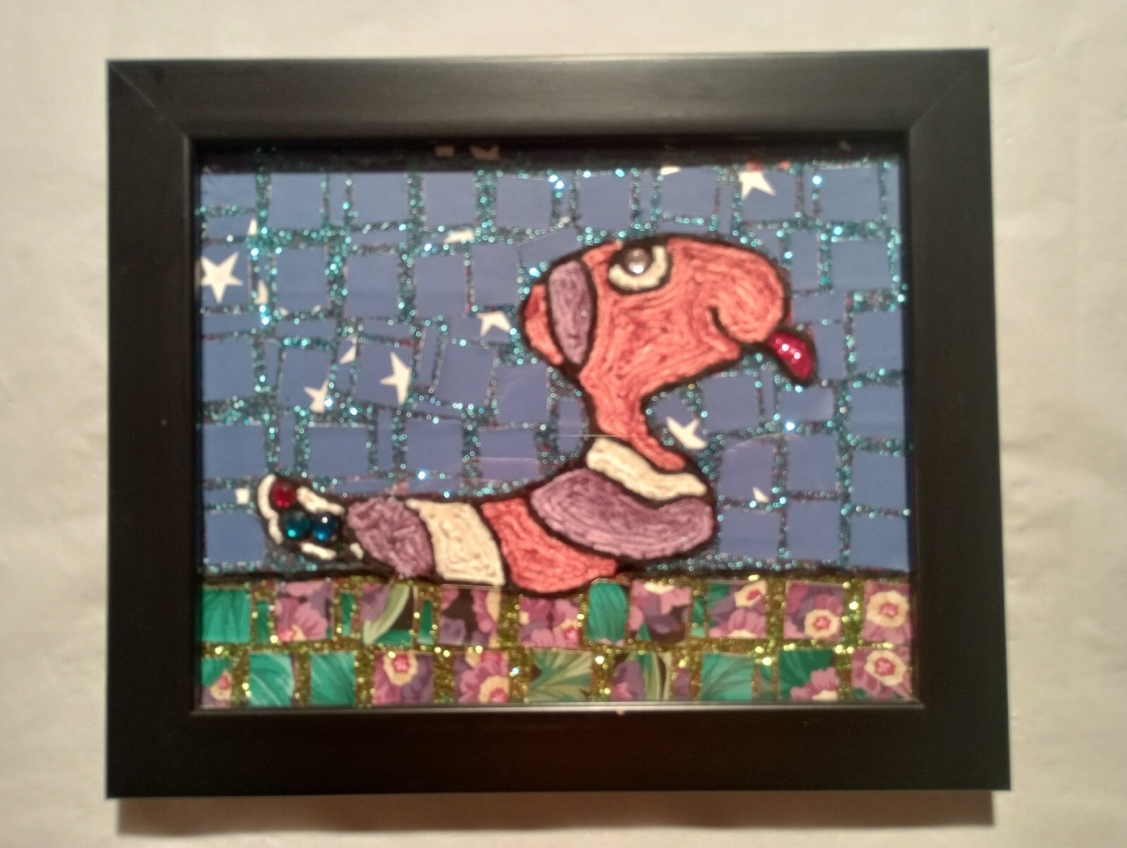 ART - Mixed Media Original Abstract Dog w Jewels & Yarn 12x10 Framed Folk Art