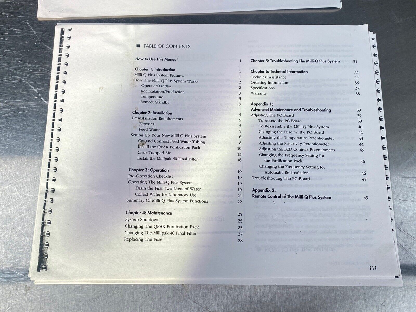 Millipore Milli-Q Plus Water Purifier - Users Manual / Guide Book