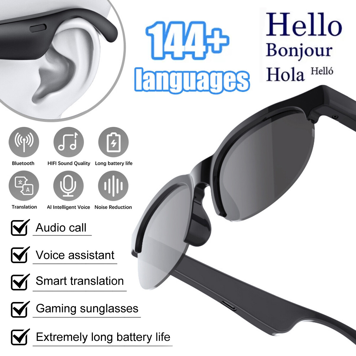 AI Smart Translator Sunglasses Headphone Bluetooth 5.3 144+ Language Translation