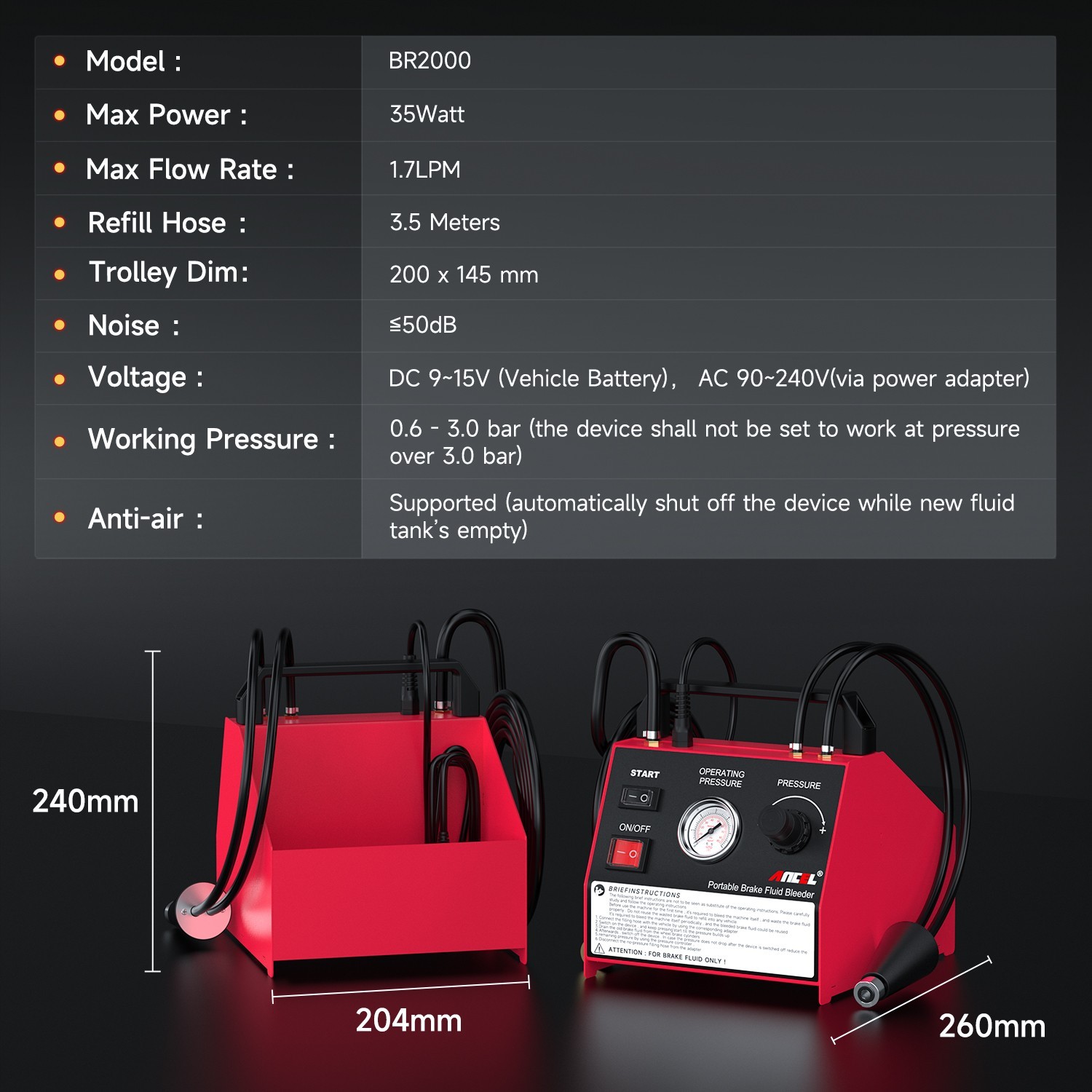 ANCEL BR2000 Electric Brake Fluid Bleeding Exchange Machine Adjustable Pressure
