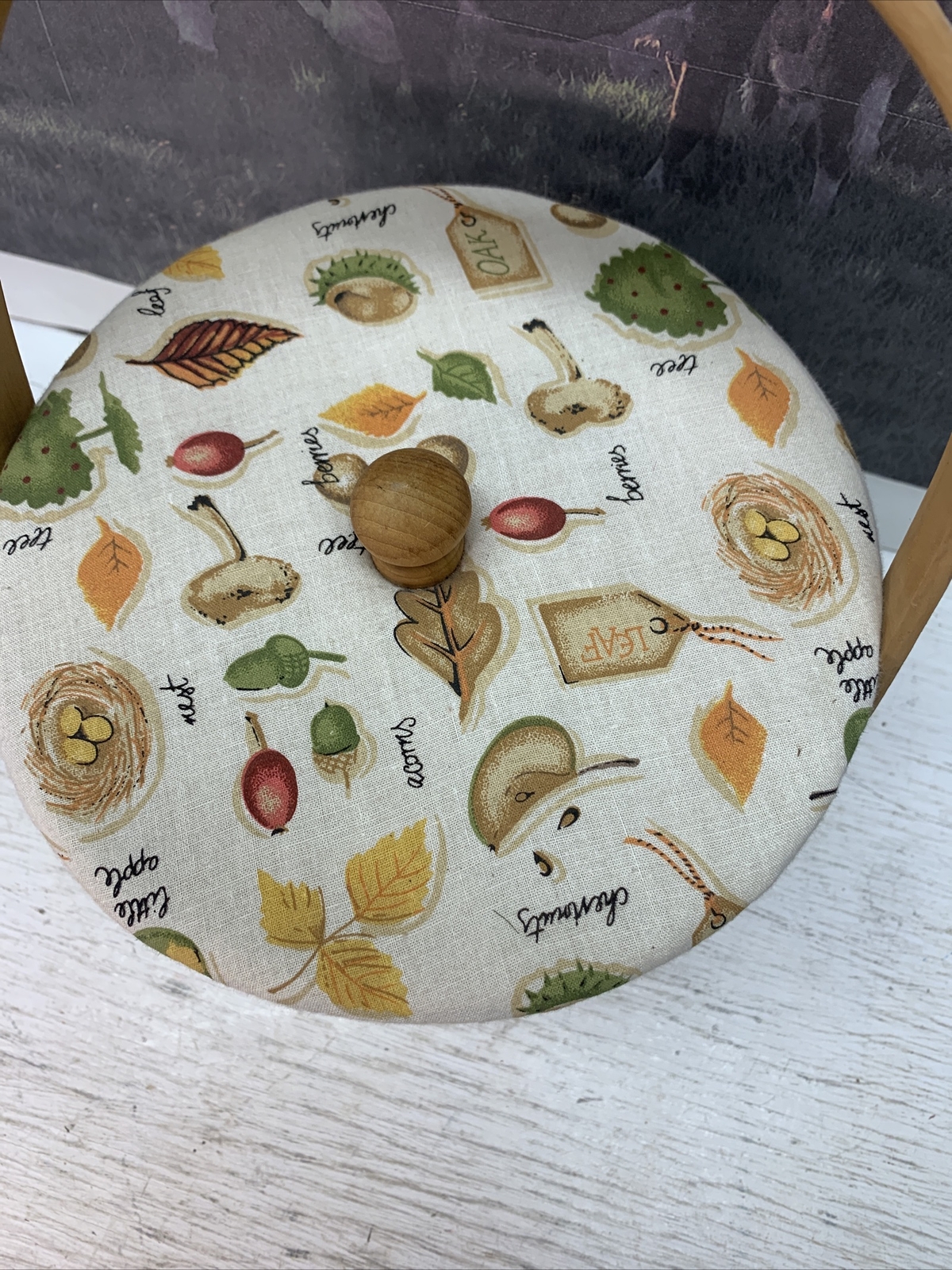 Fall Basket W/ Padded Top And Green Stripe Nuts Apple Leaf Mushrooms W/ Handle