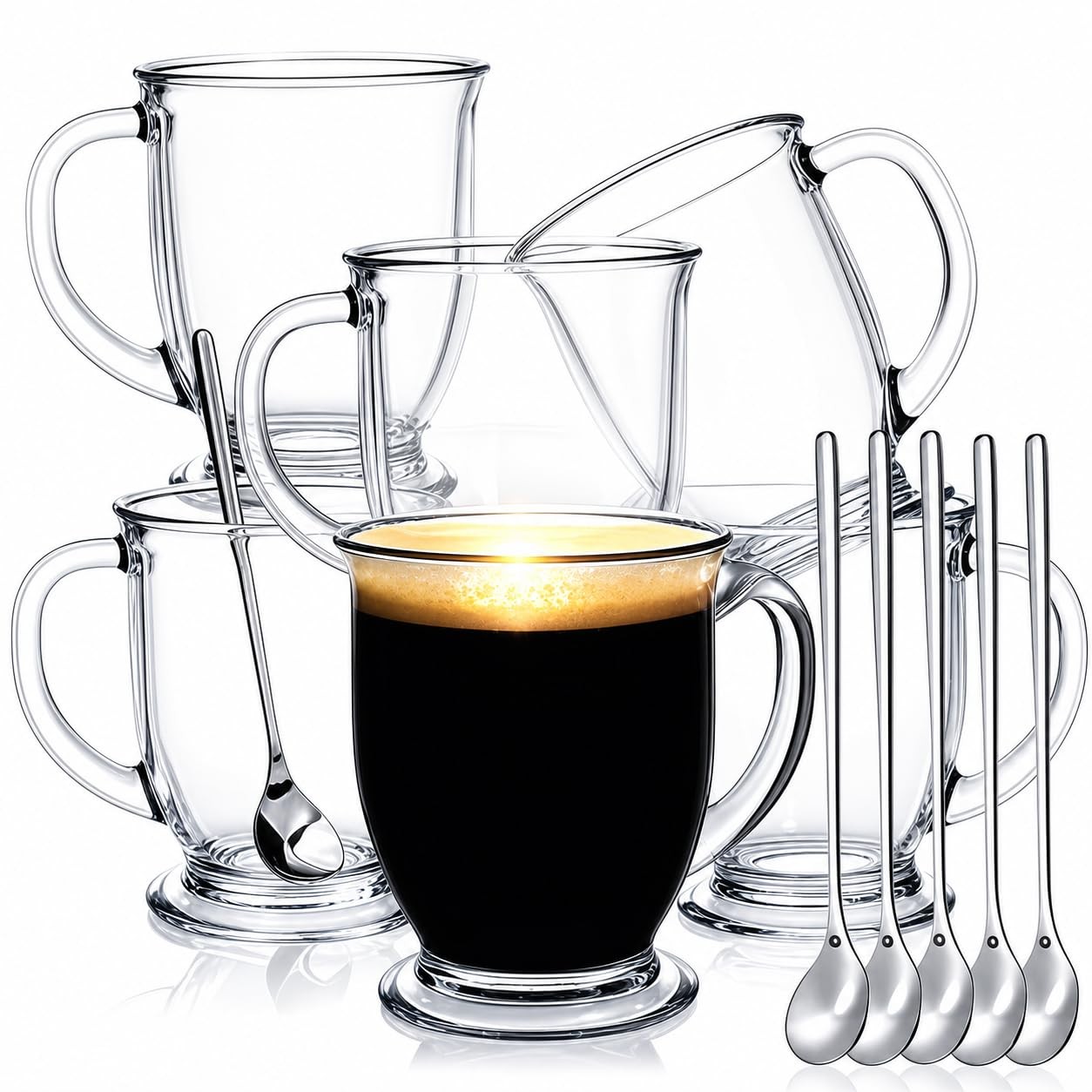 6 Pack Glass Coffee Mugs with 6 Spoons, 15 OZ Clear Drinking Glasses with Han...