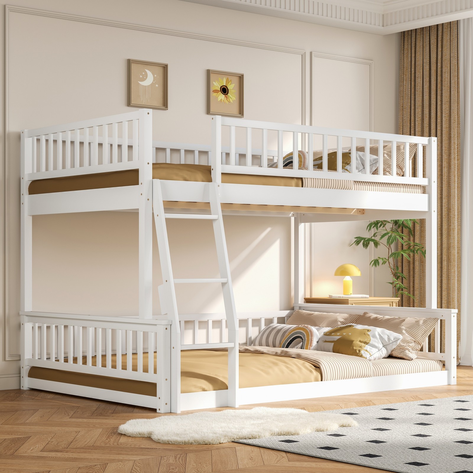 Full XL over Queen Bunk Bed with Ladder & Guardrails,White Bed Frame for Bedroom