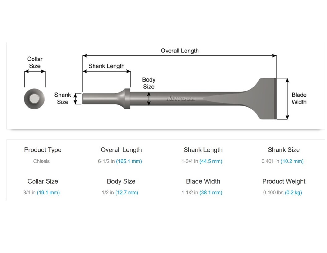 Ajax Tools A910-1-1/2 - .401 Shank 1-1/2"Wide Flat Chisel 6-1/2" OAL Made In USA