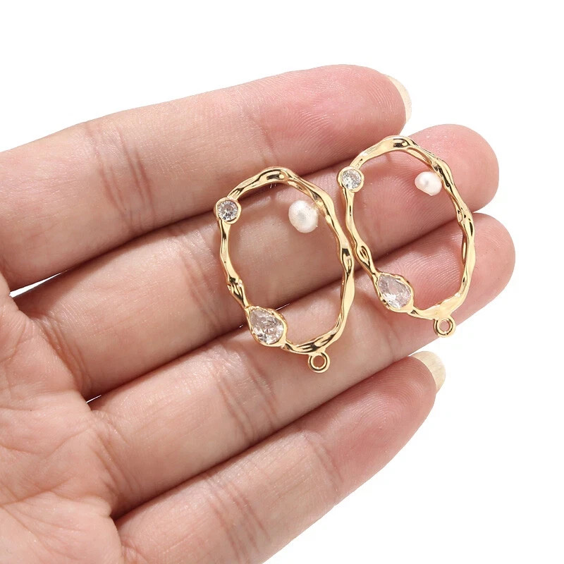 Gold plated Brass Earring Posts Crystal and Pearls DIY Stud Earrings with Ring