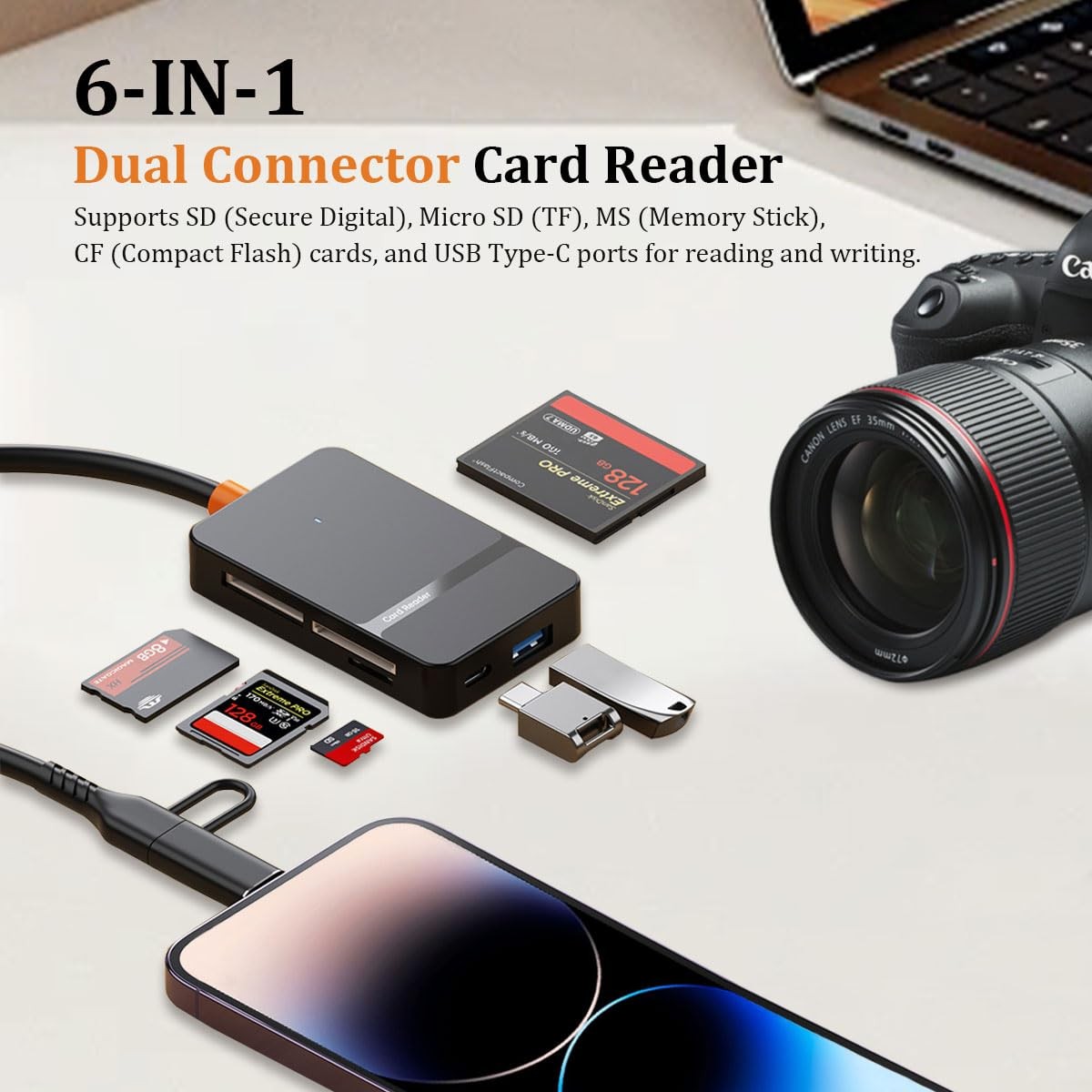 6-in-1 Multi Memory Card Reader USB-C and Lighting,SD 6-in-1, Black