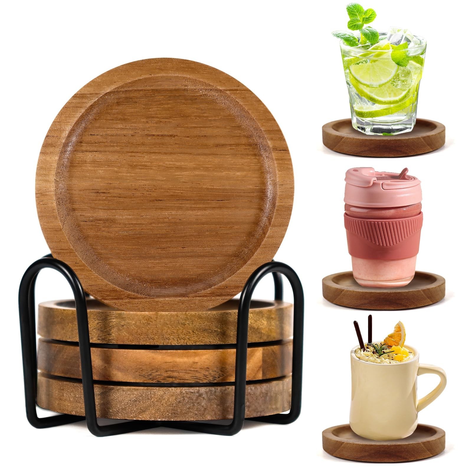 Acacia Wood Coasters Set of 4 with Holder, Wooden Coasters for Drinks | 4 in ...