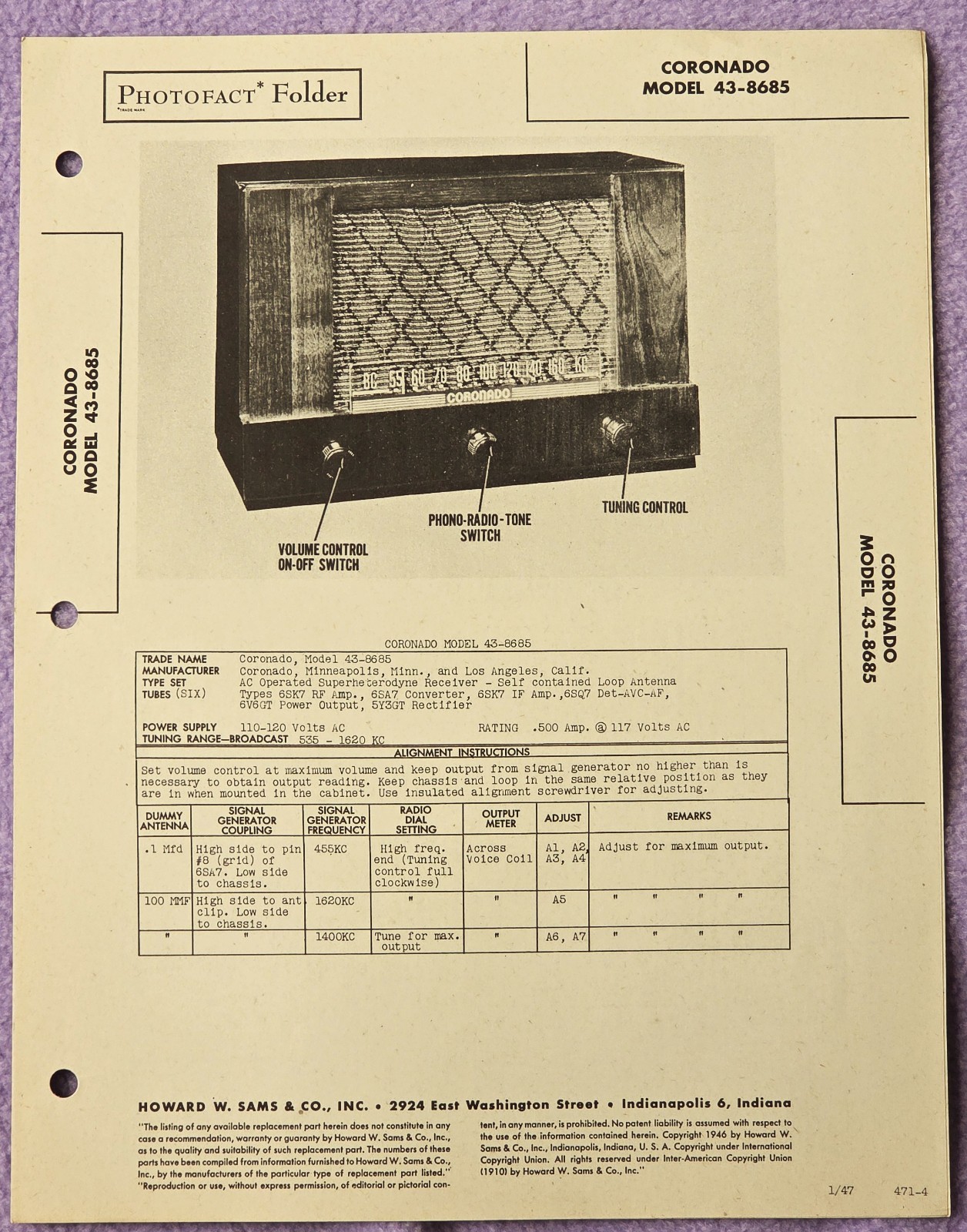 Coronado 43-8685 VTG Howard Sams 1947 Radio Photofact Folder  Sams 471-4