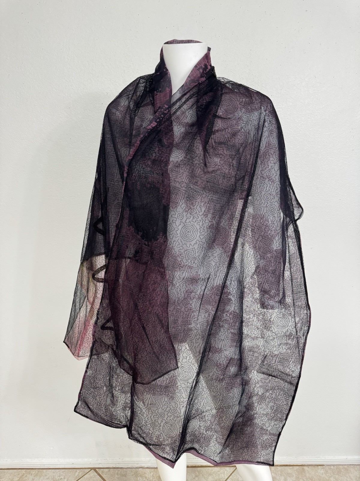 Christian Lacroix Vint. Black Chantilly Lace W Plum Silk Scarf Shawl 30” x 80”