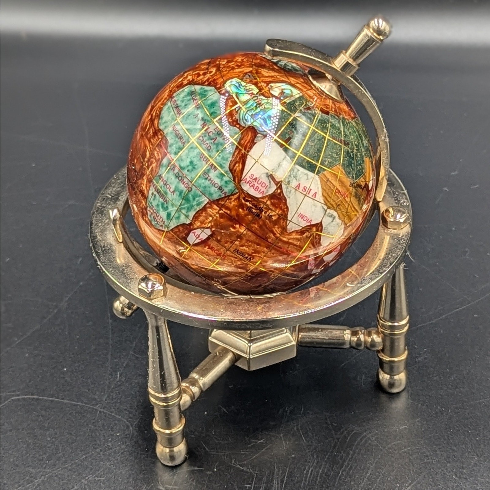 Handcrafted Gemstone World Globe with Gold-Tone Stand | Rotating Mini Globe