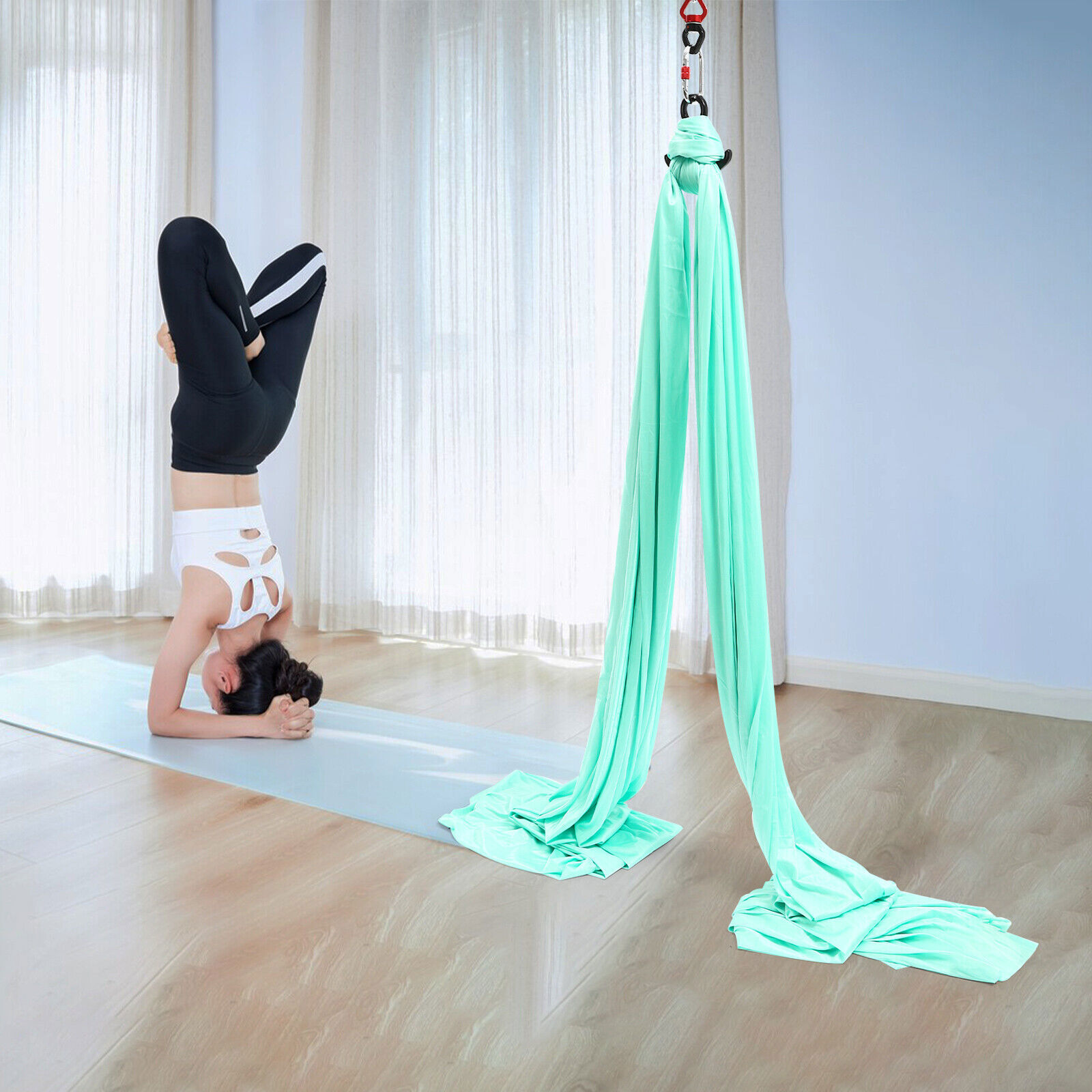 6M Aerial Yoga Sling Hammock Kit with Carabiners Green Polyester 440LB Capacity