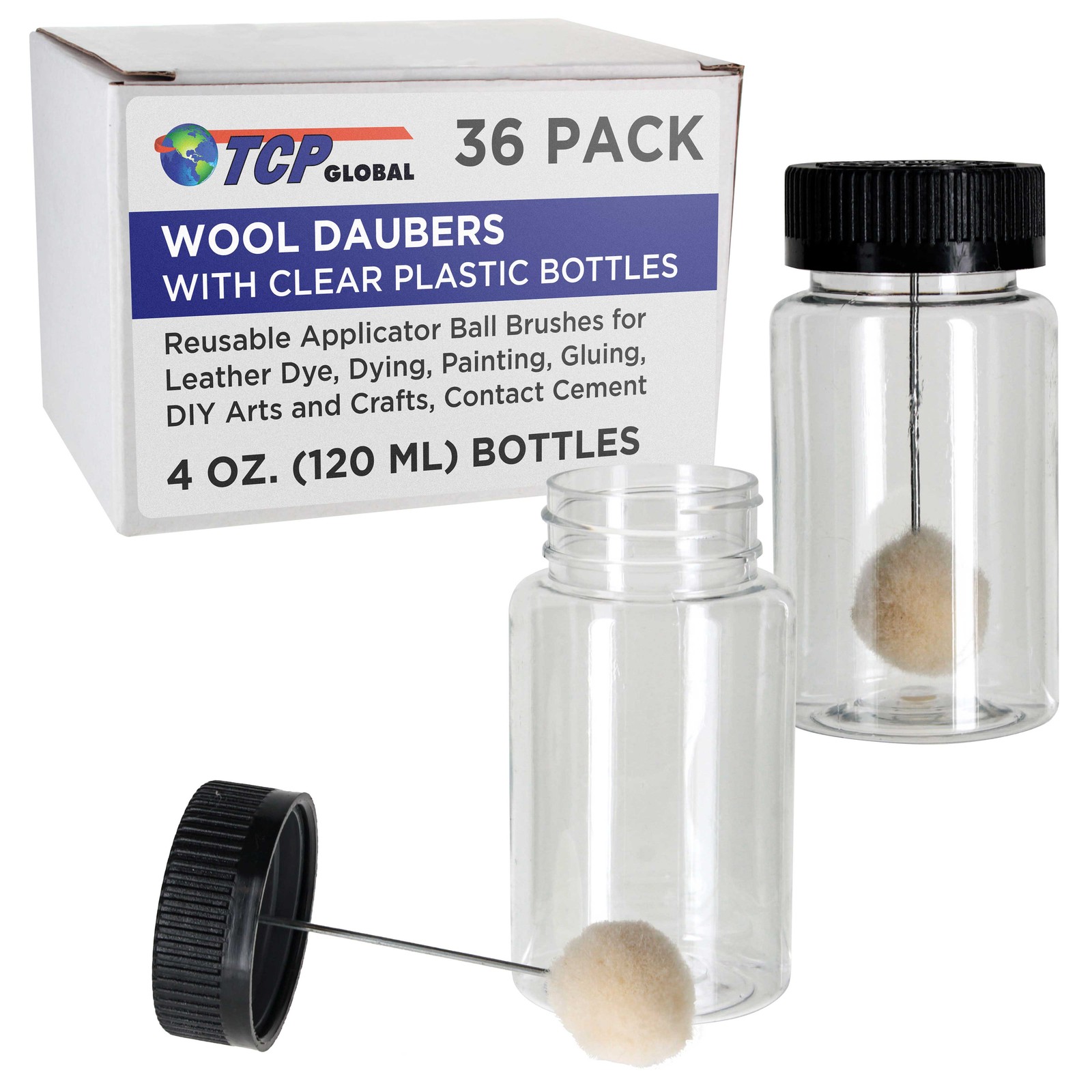 Wool Daubers with Clear Plastic Bottles, 36-Pack, 120ml Safety Lids Ball Brush