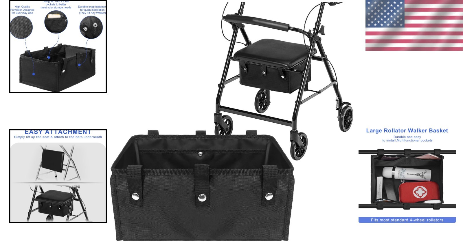 Reusable Walker Basket Accessory for Seniors - Multi-Pocket Design, Easy Install