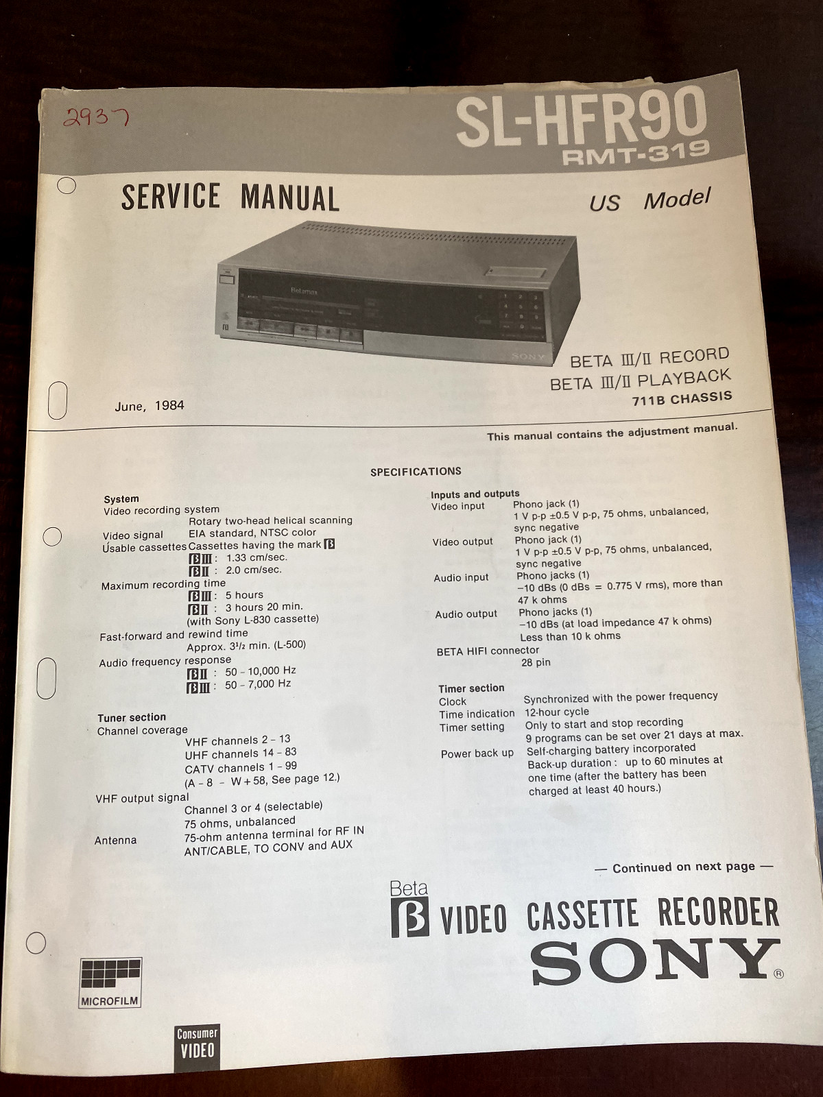 SONY SL-HFR90 SLHFR90 BETAMAX BETA VCR Service Manual **ORIGINAL** 2397 9250